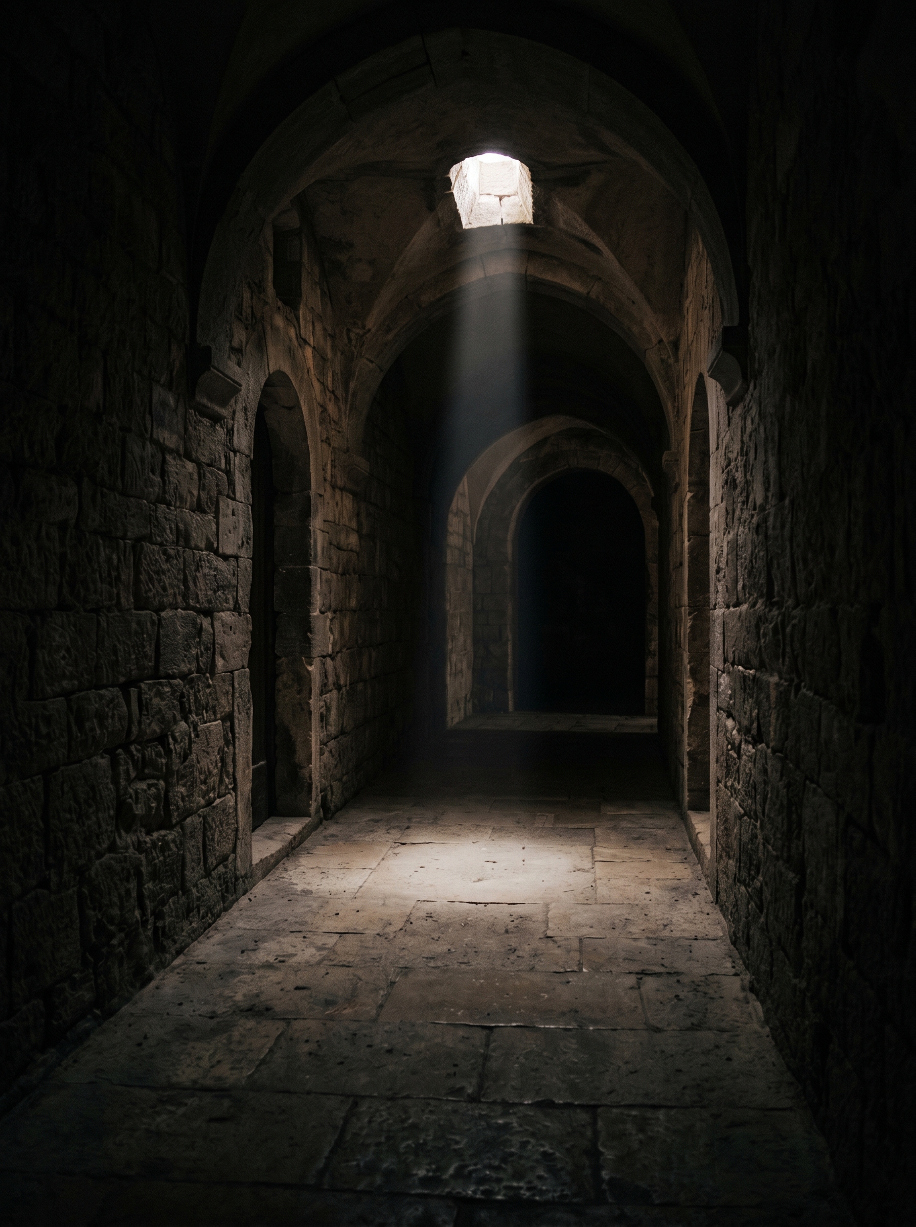 Ancient stone corridor in deep shadow — one shaft of light from above falling on nothing, the most important thing is the absence, deep contemplative timeless