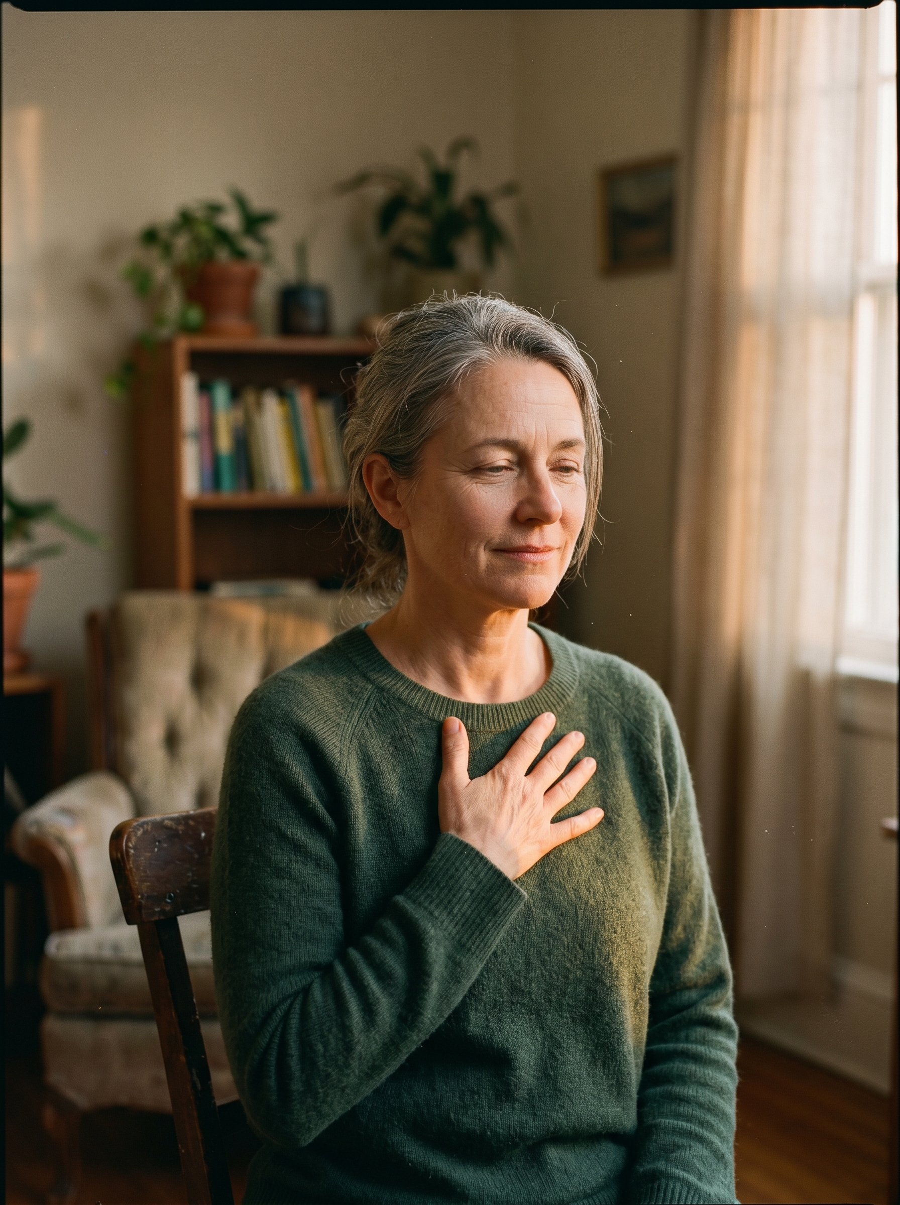 Person holding their own chest — not in pain exactly, in recognition, the hand over heart gesture meaning I feel this here, ordinary room, something stored inside invisible to the room