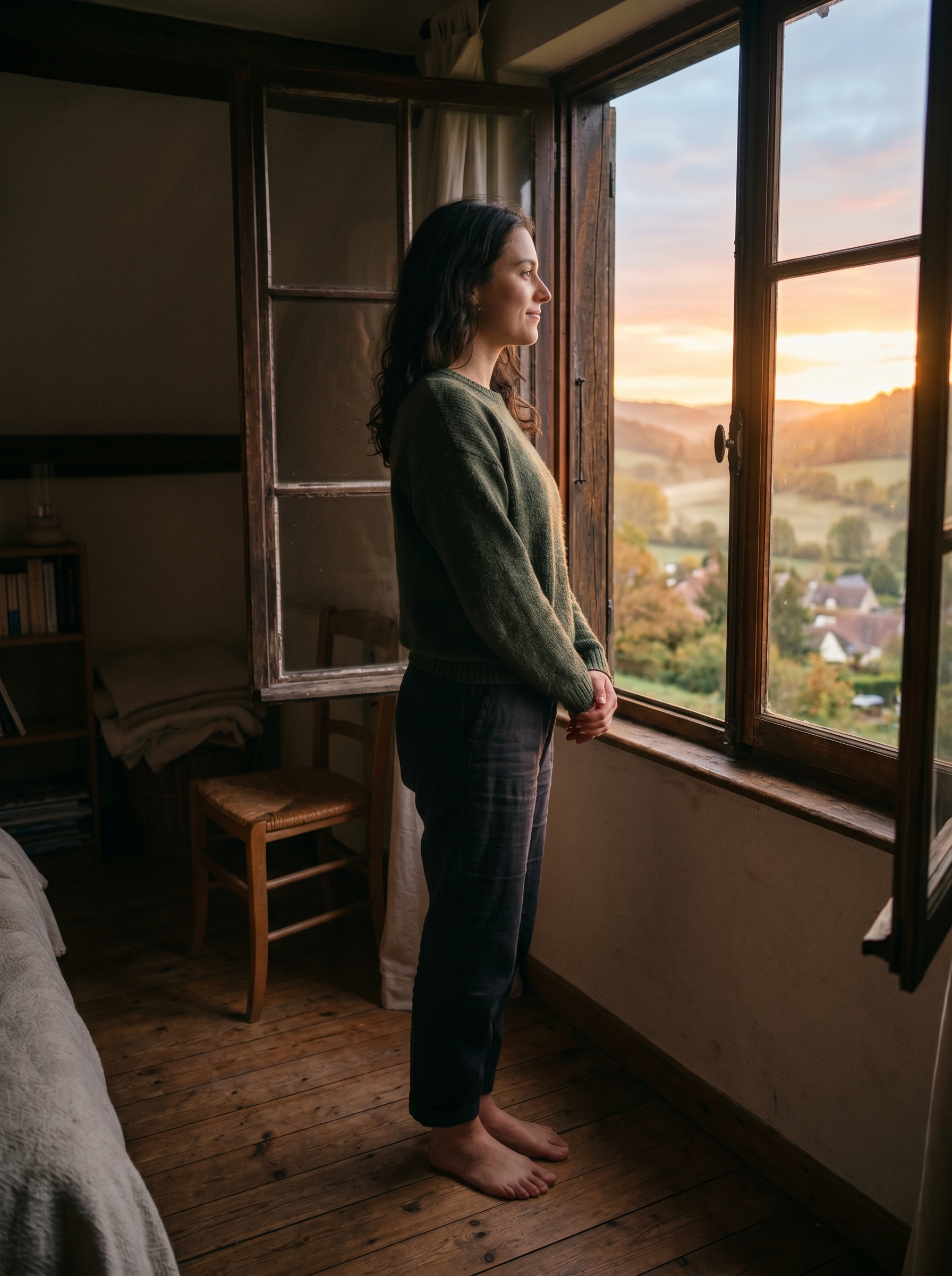 Person standing at window at first light — shoulders down chest open jaw unclenched, posture of someone who has begun to understand what their body was carrying and has started to put it down