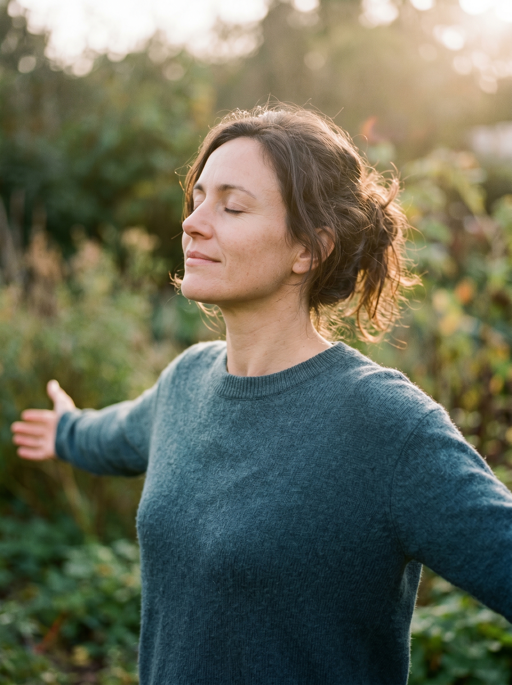 Person in moment of emotional release — not collapse but expansion, arms open, head back, posture of someone whose body just let something go that had been held for years — quiet real warm golden light