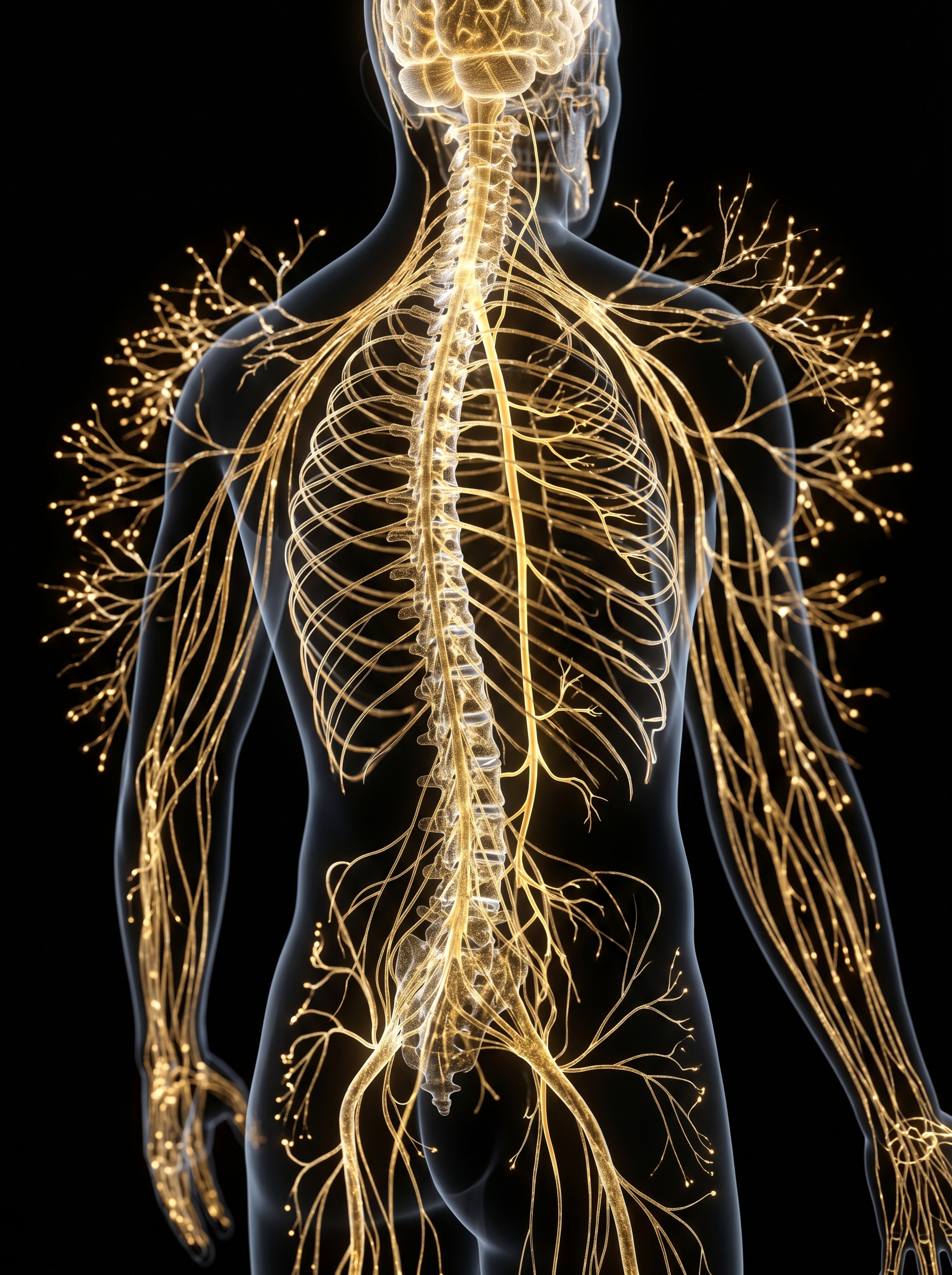 Human nervous system rendered as luminous gold tree — branching from spine outward, vagus nerve highlighted as central trunk, every nerve ending glowing, science made breathtaking
