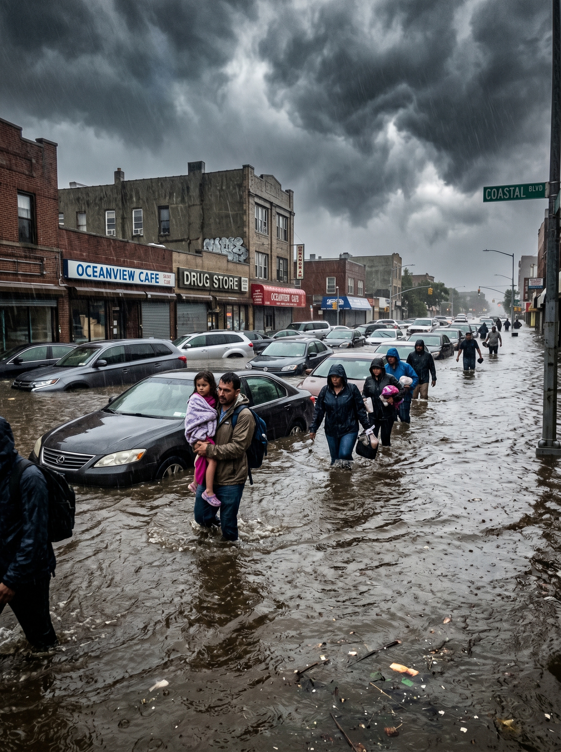 Extreme weather event flooding coastal city representing climate tipping point risks by 2030