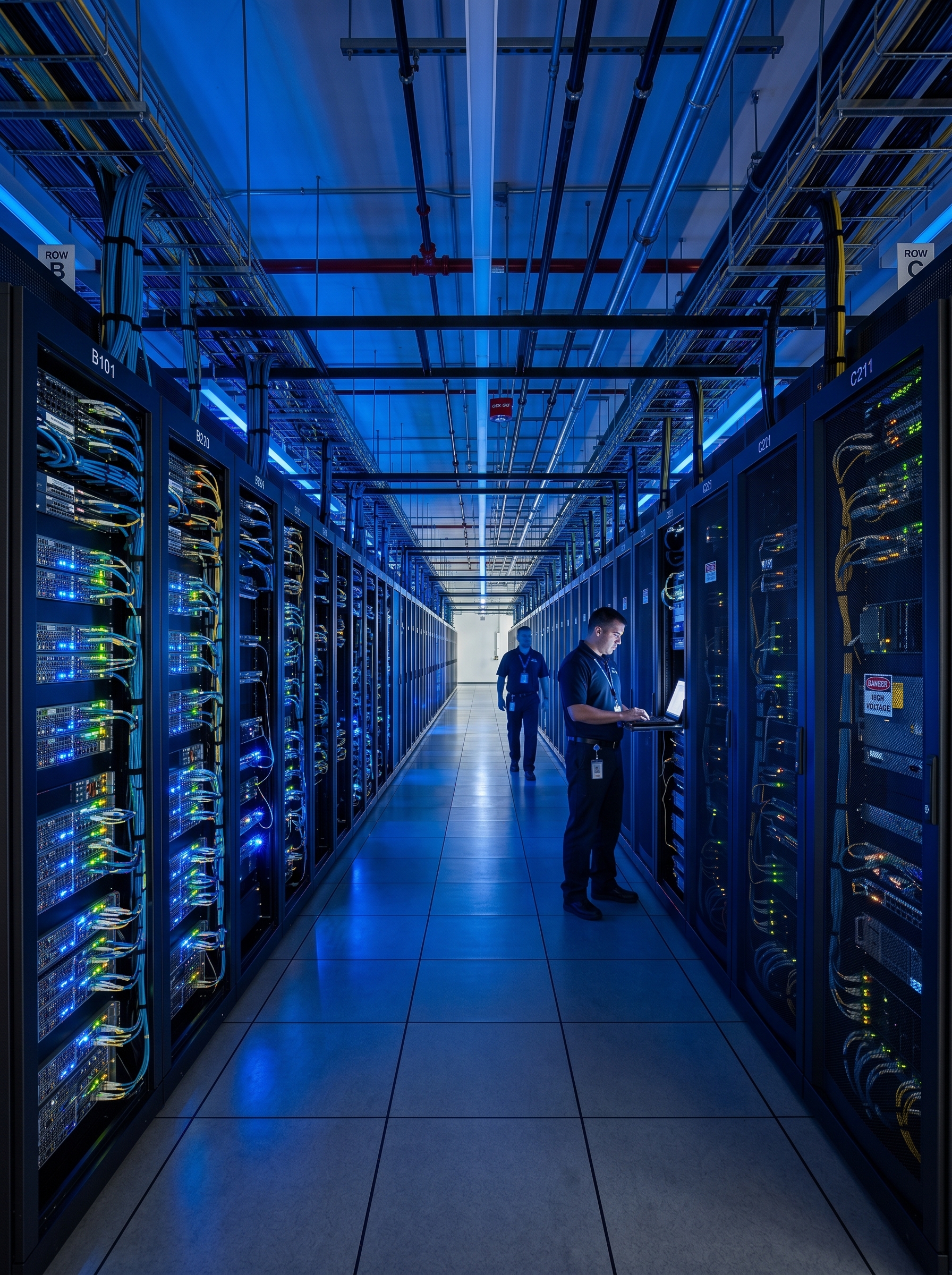 Server farm data center with rows of AI computing infrastructure representing global AI governance risk
