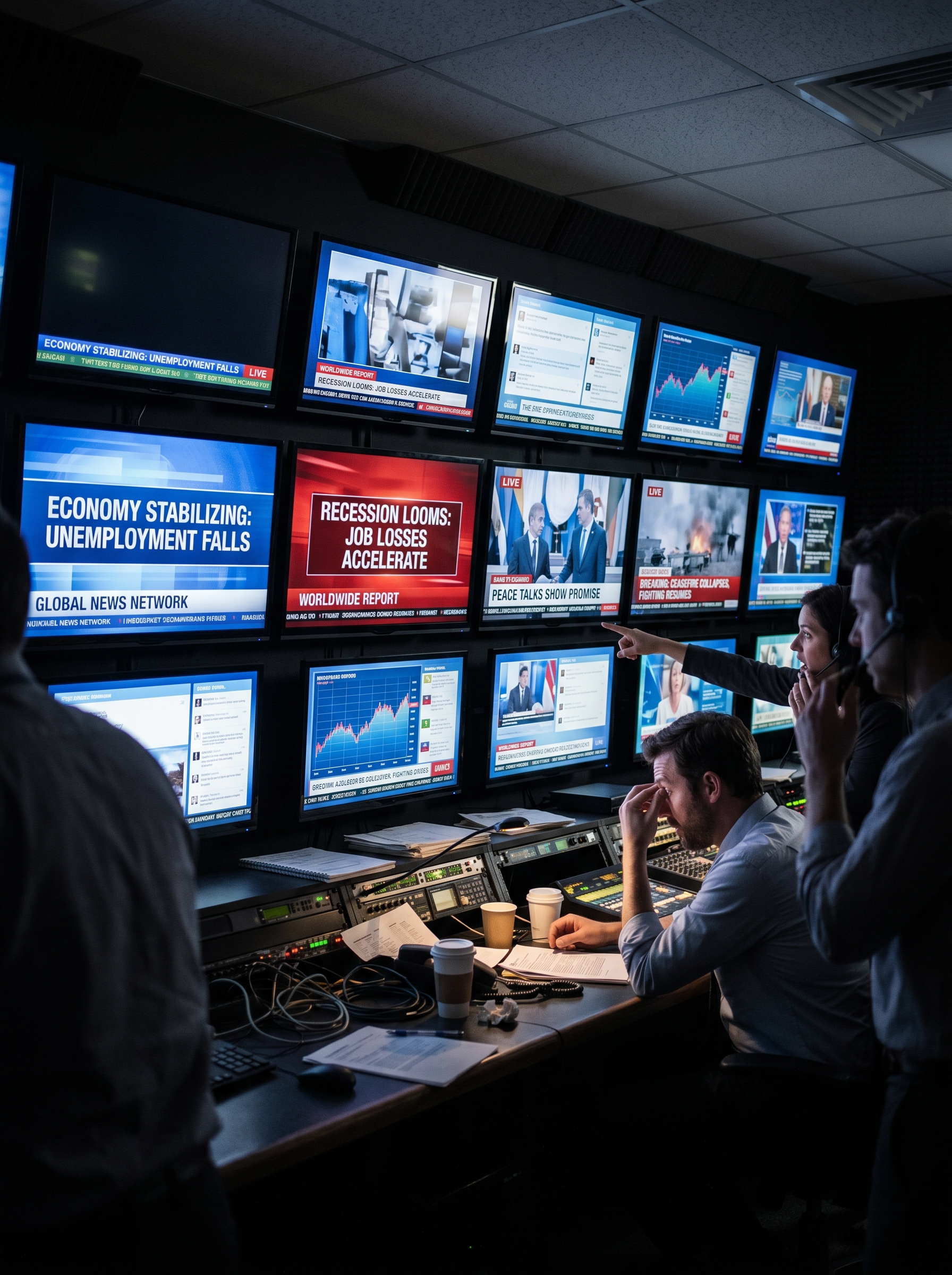 Digital screens showing conflicting news headlines representing the global misinformation crisis