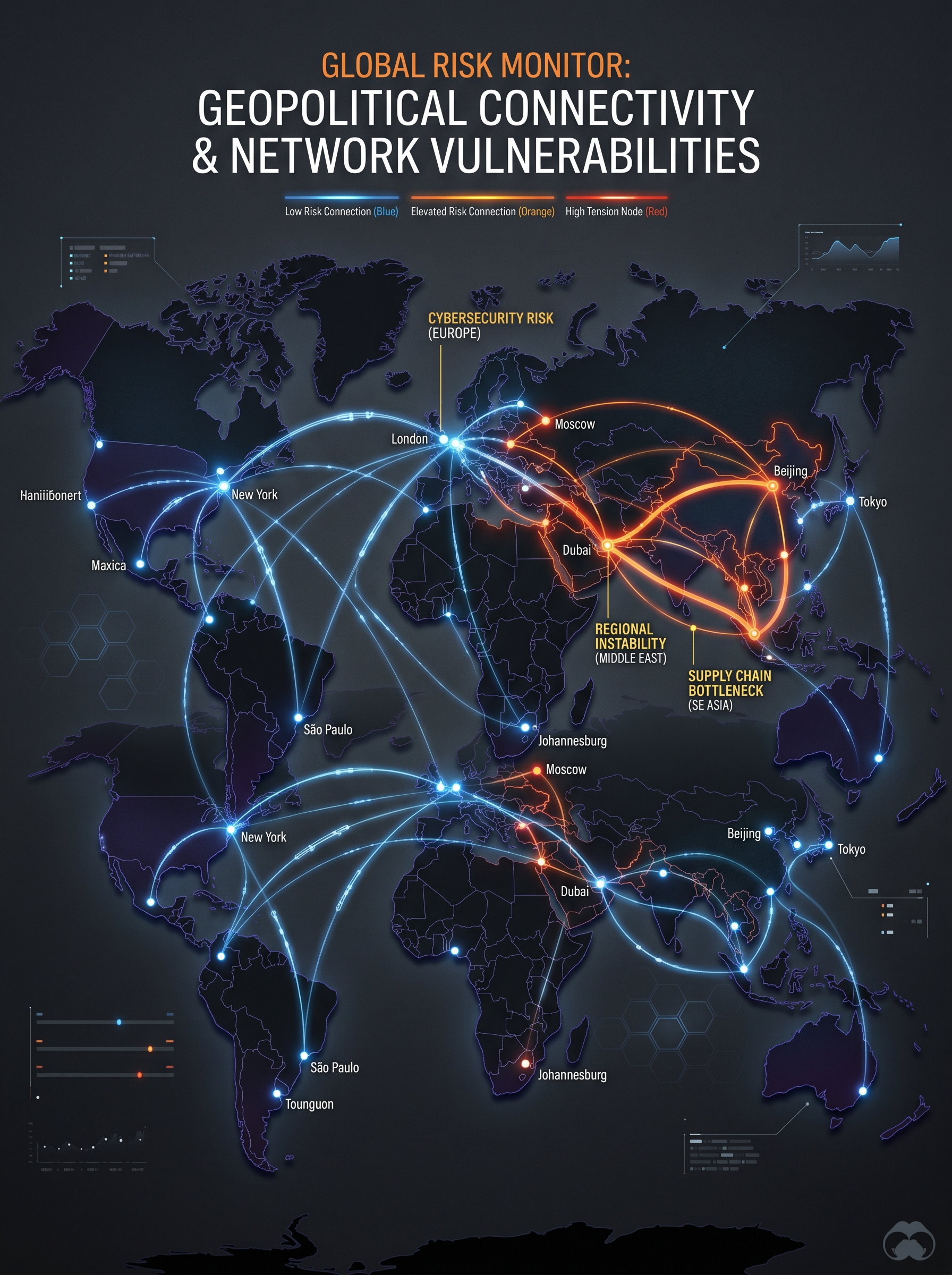 Global map showing interconnected risk hotspots from economic war, AI, climate and debt stress 2026 to 2030