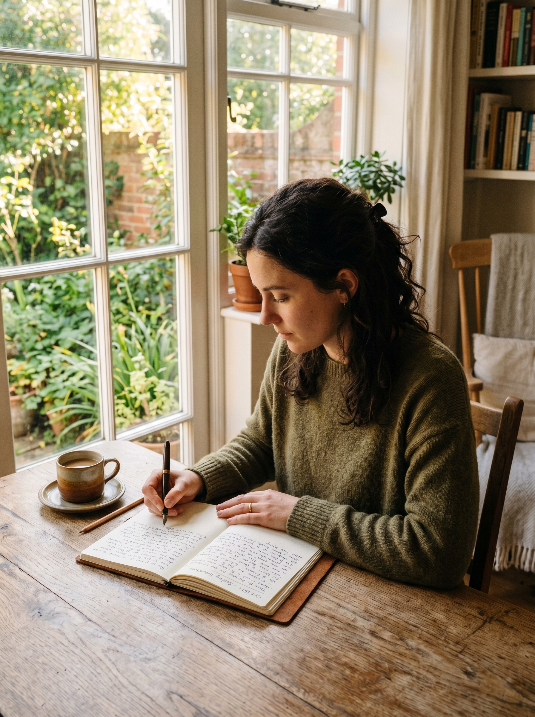 Person sitting with journal and pen — morning light, no phone visible, deep focus, building their day with intention before the world builds it for them