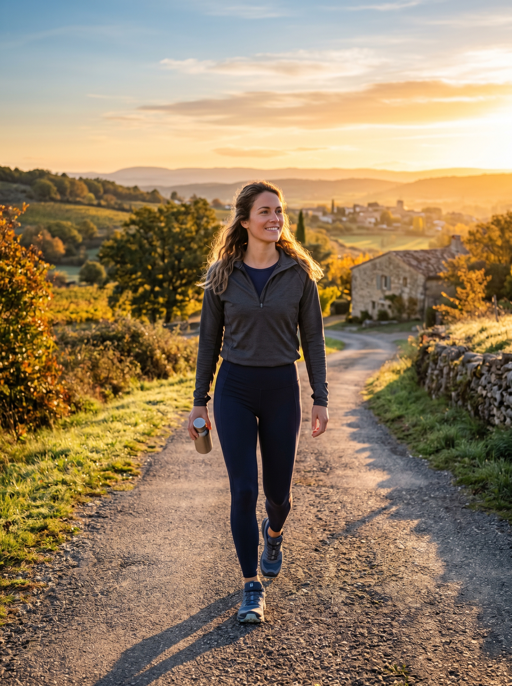 Person walking outside at early morning — not running, walking with purpose, no headphones, looking forward, day ahead already owned, golden low light, long shadow behind