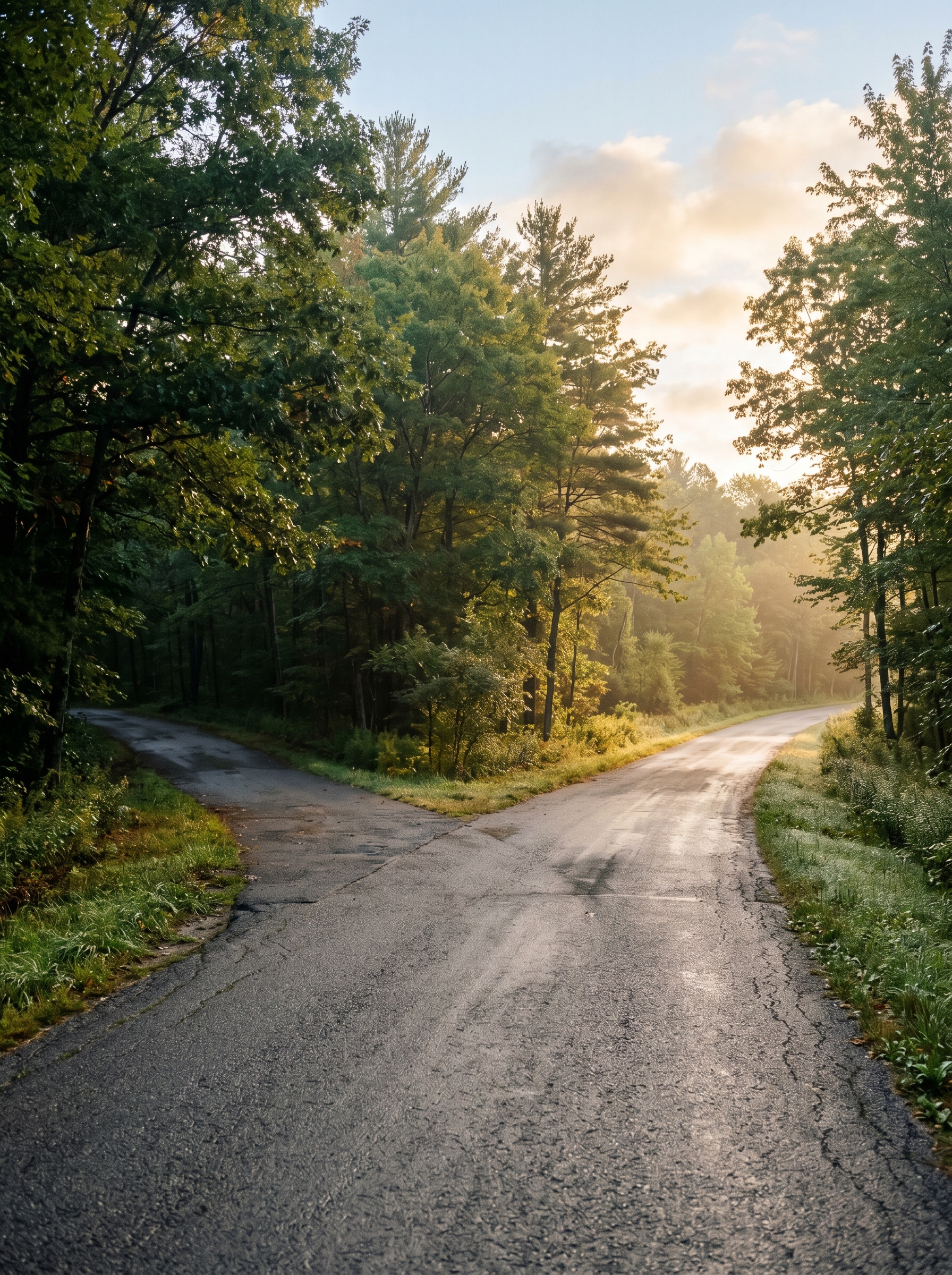Two roads diverging at golden hour — ordinary morning fork, dew on ground, one path in sun one in shadow, the smallest decision, the entire day following from it