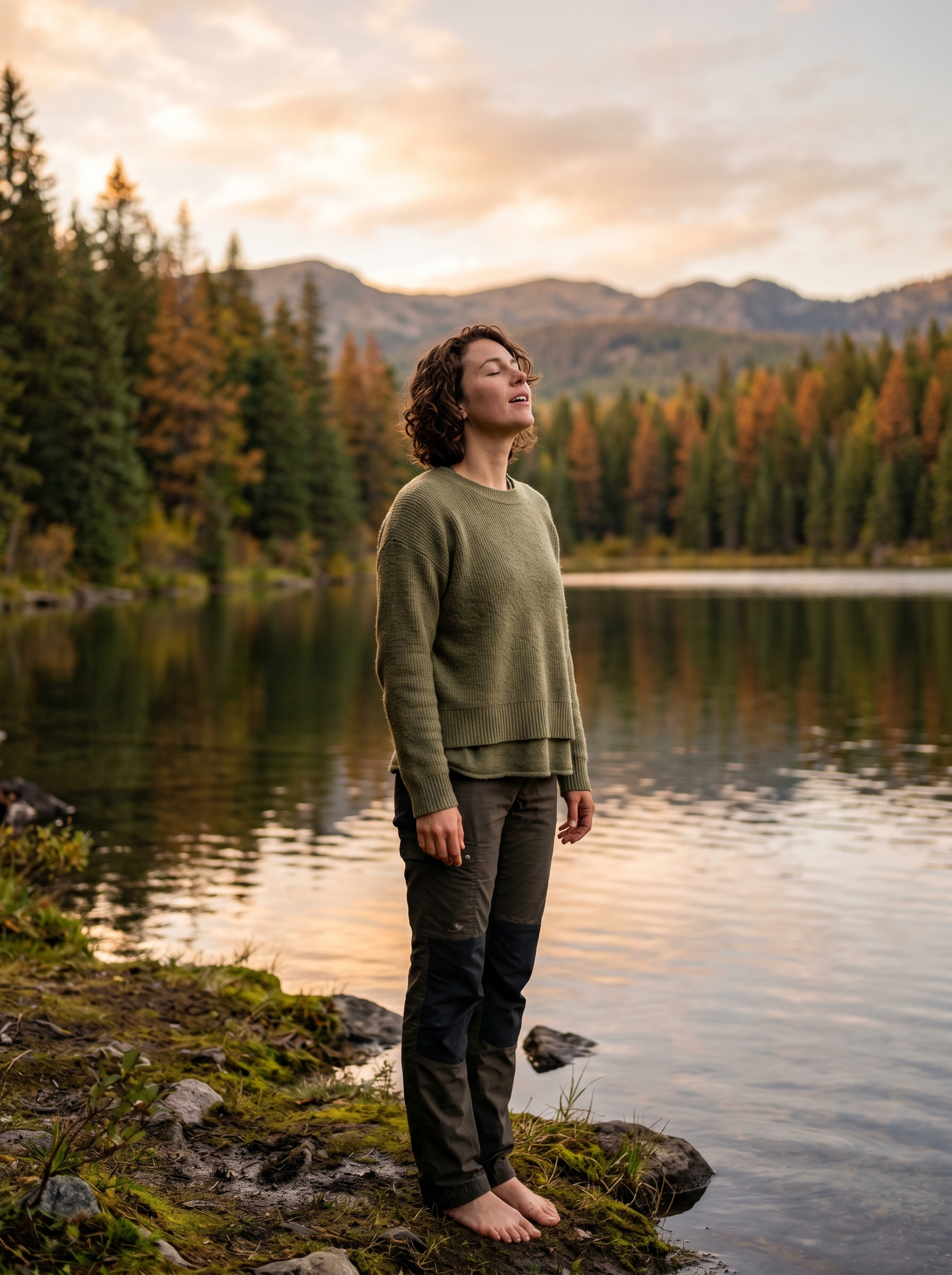 Person standing in nature taking one deep breath shoulders dropping jaw unclenching — the parasympathetic nervous system switching on, the kill switch releasing, real warm earned alive
