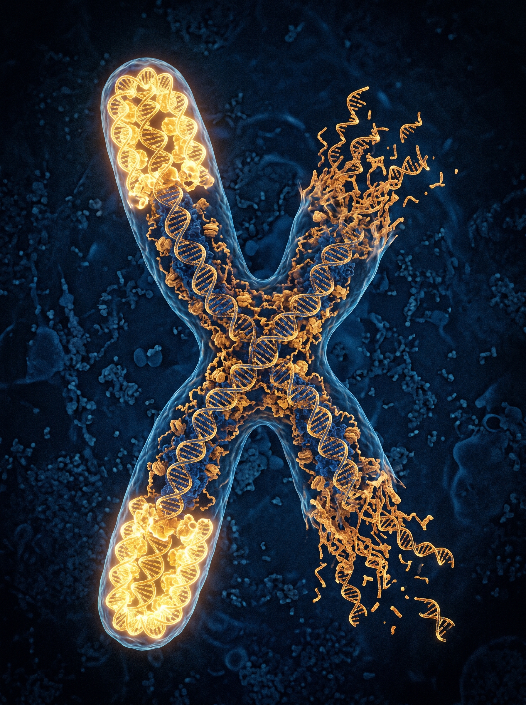DNA double helix under extreme magnification — telomeres at chromosome ends clearly shown, some long and luminous, some visibly shortened and fraying — the molecular clock of a stressed life