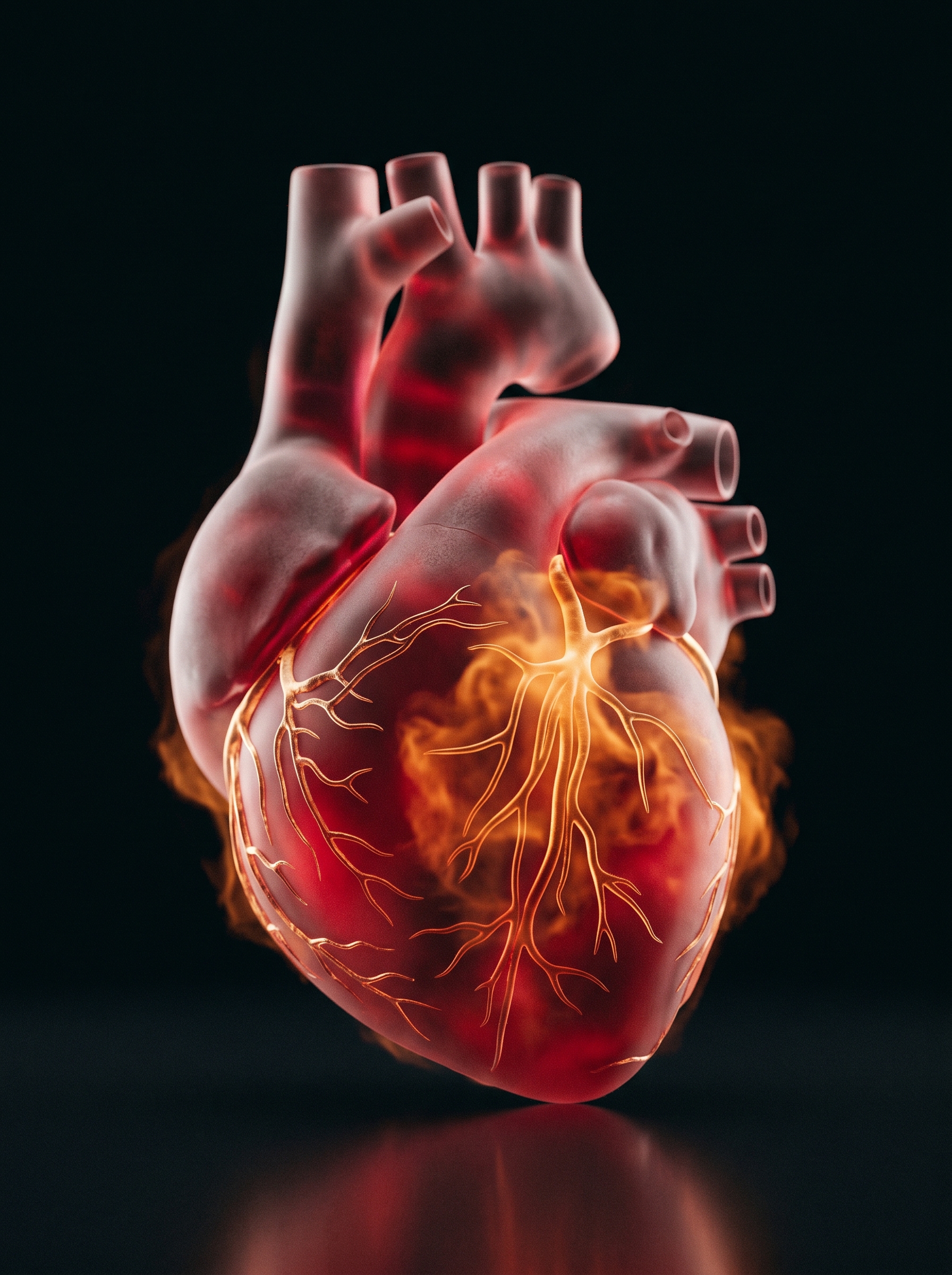 Human heart rendered as luminous sculpture — arteries visible, inflammation shown as amber heat around key vessels, physical consequence of cortisol on cardiovascular system made visual