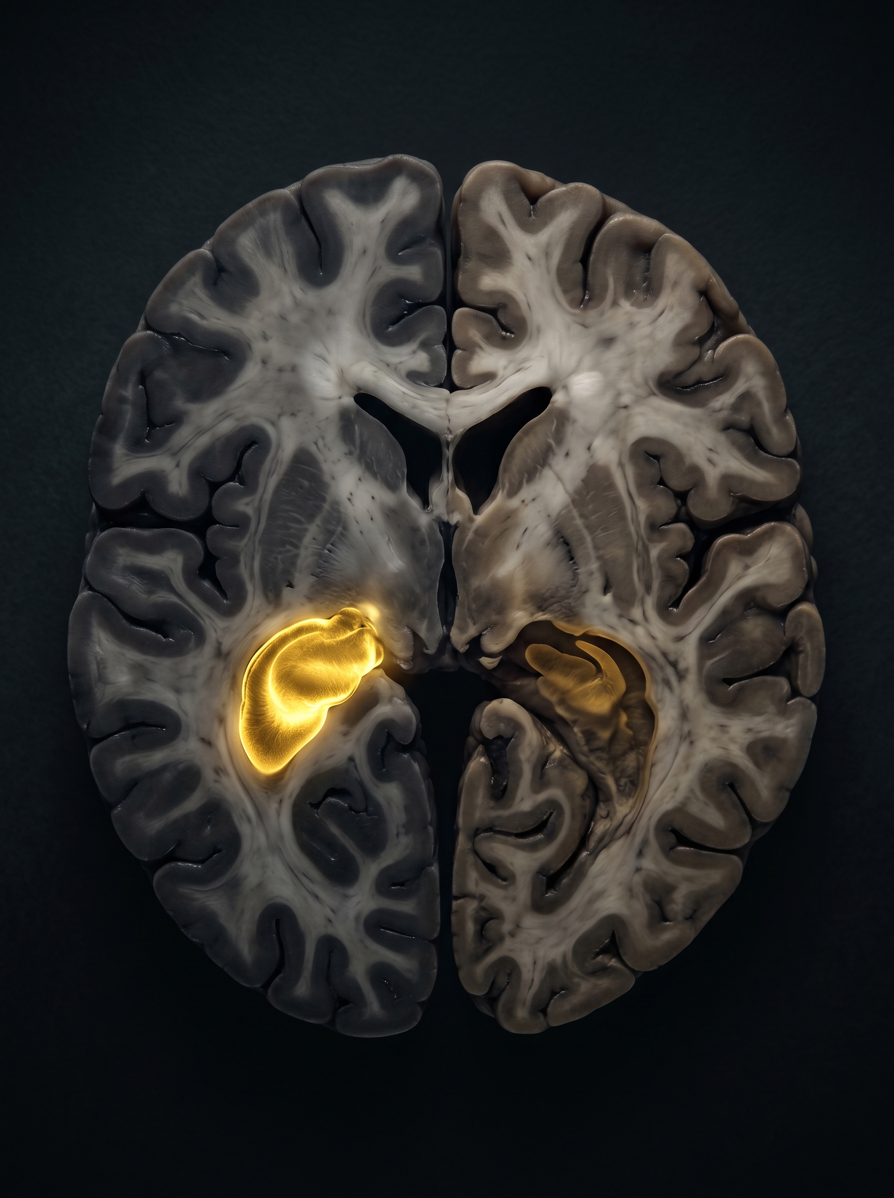Split brain scan — healthy hippocampus full and luminous gold on left, stressed hippocampus visibly smaller darker compressed on right — same brain different life experience, physical proof stress shrinks the brain