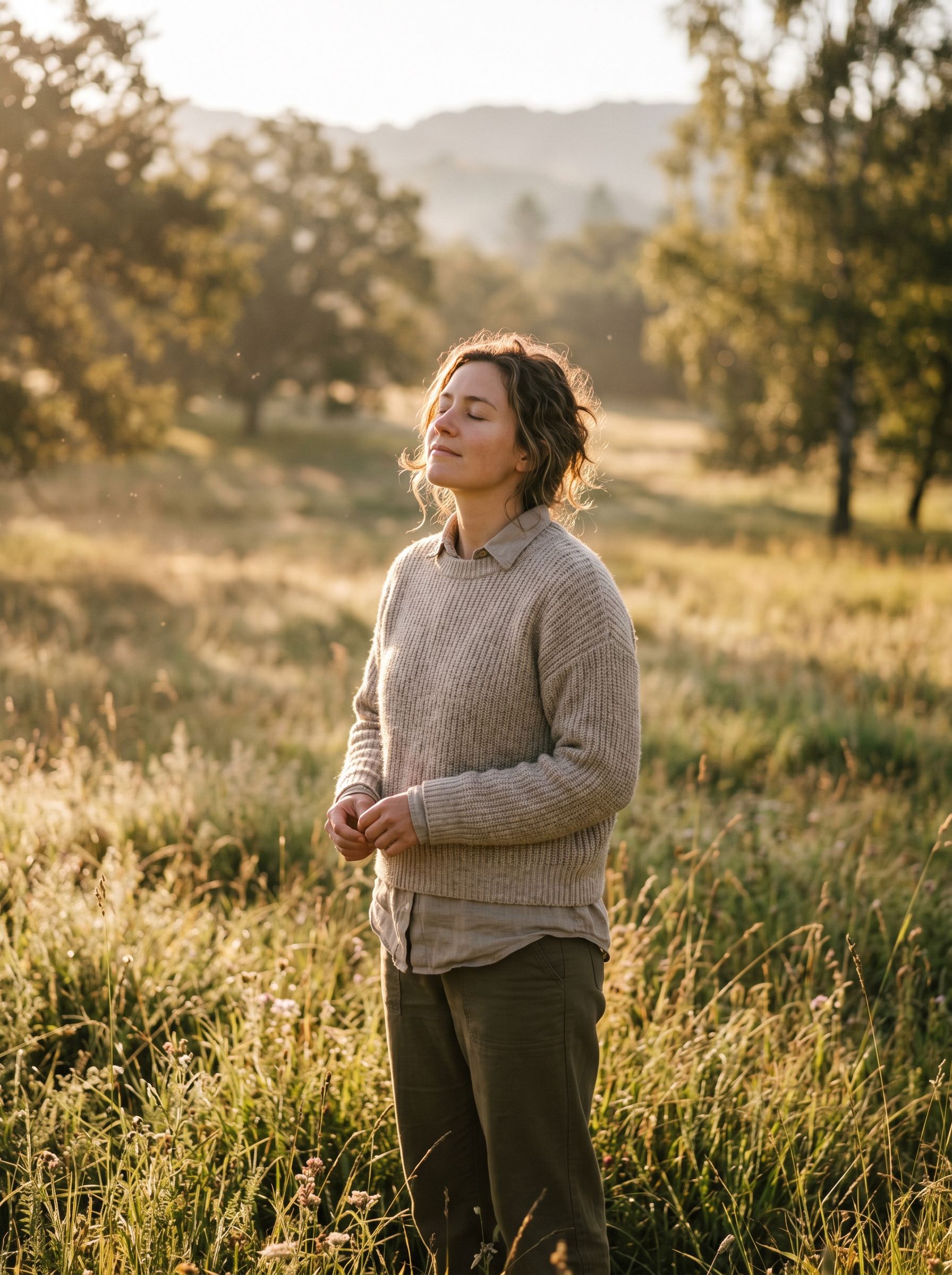 Person outside in full morning sun — standing in light absorbing it, vitamin D synthesis happening, circadian clock calibrating, energy being made, the simplest thing, the most forgotten