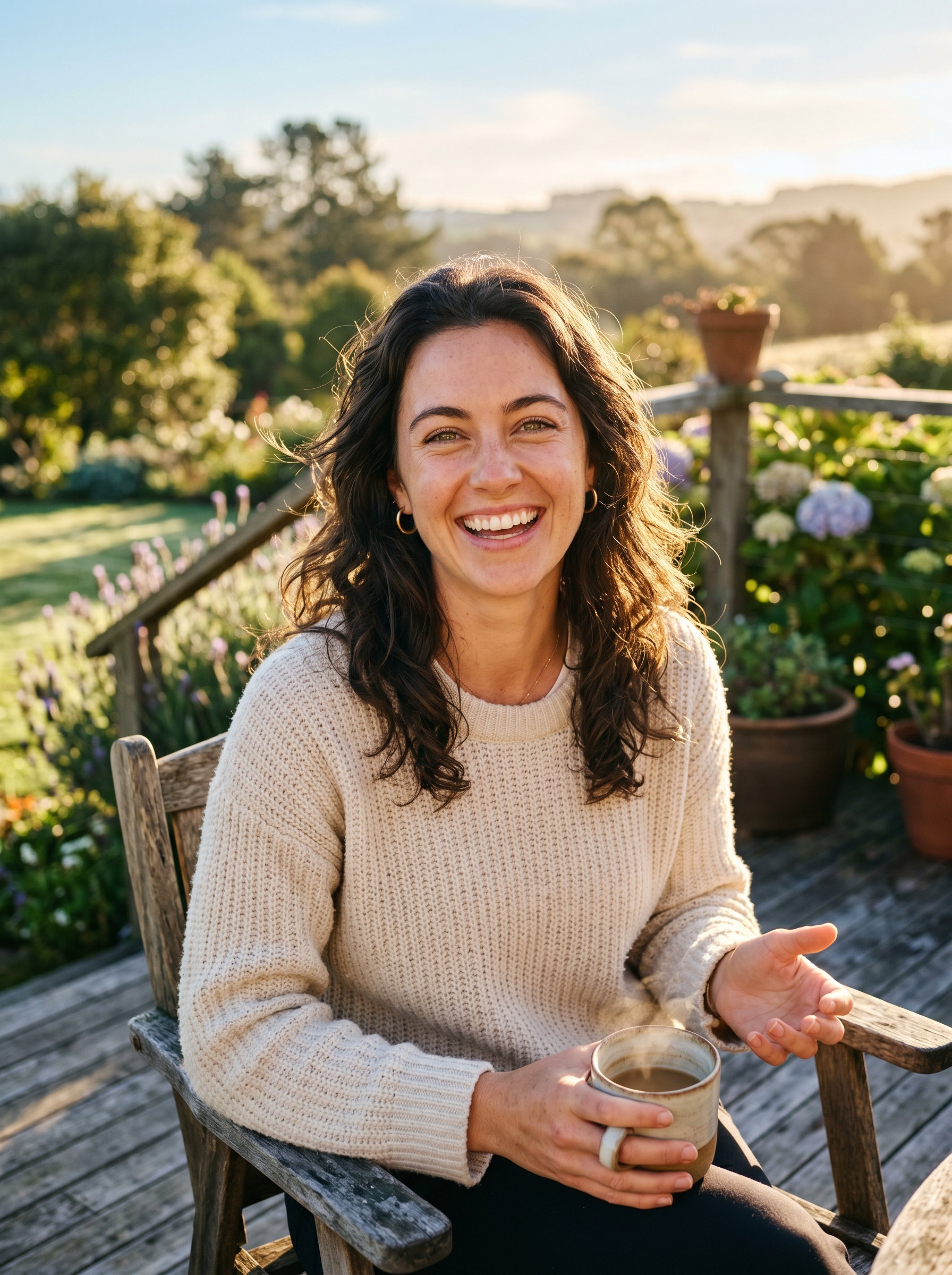 Person genuinely energised — not performing energy, actually alive in the morning, eyes clear, posture open, the specific look of someone whose body is producing energy the way it was designed to