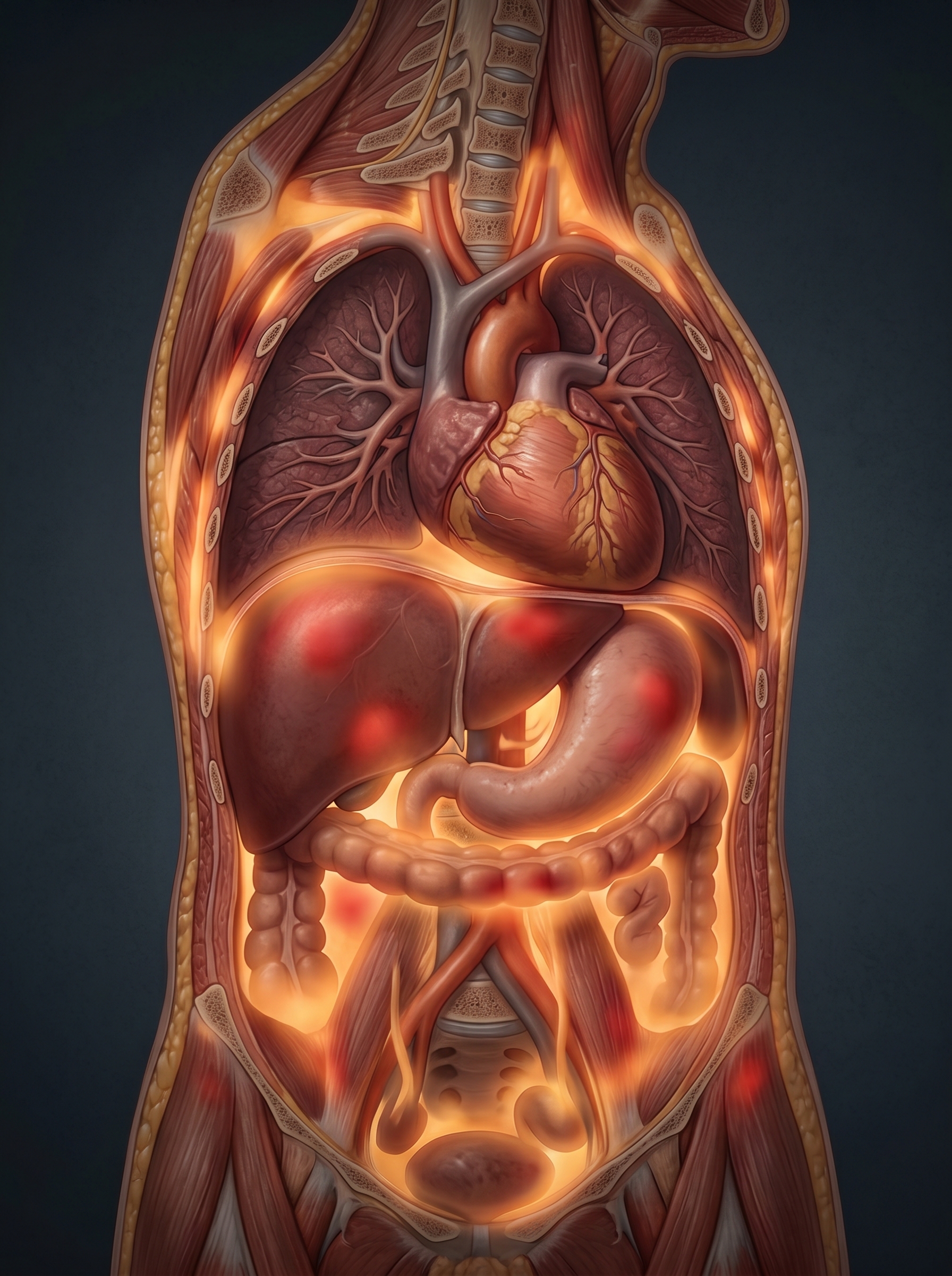 Human body cross-section showing inflammation as amber and red heat throughout tissues — chronic low-level fire consuming energy constantly, science made visual