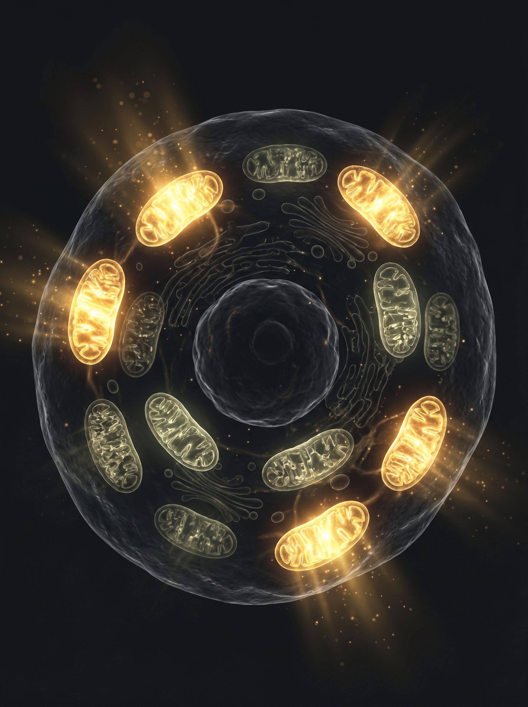 Human cell under microscope rendered as art — mitochondria glowing gold inside, some bright and healthy, some visibly dim and struggling — the energy factories of the body made visible