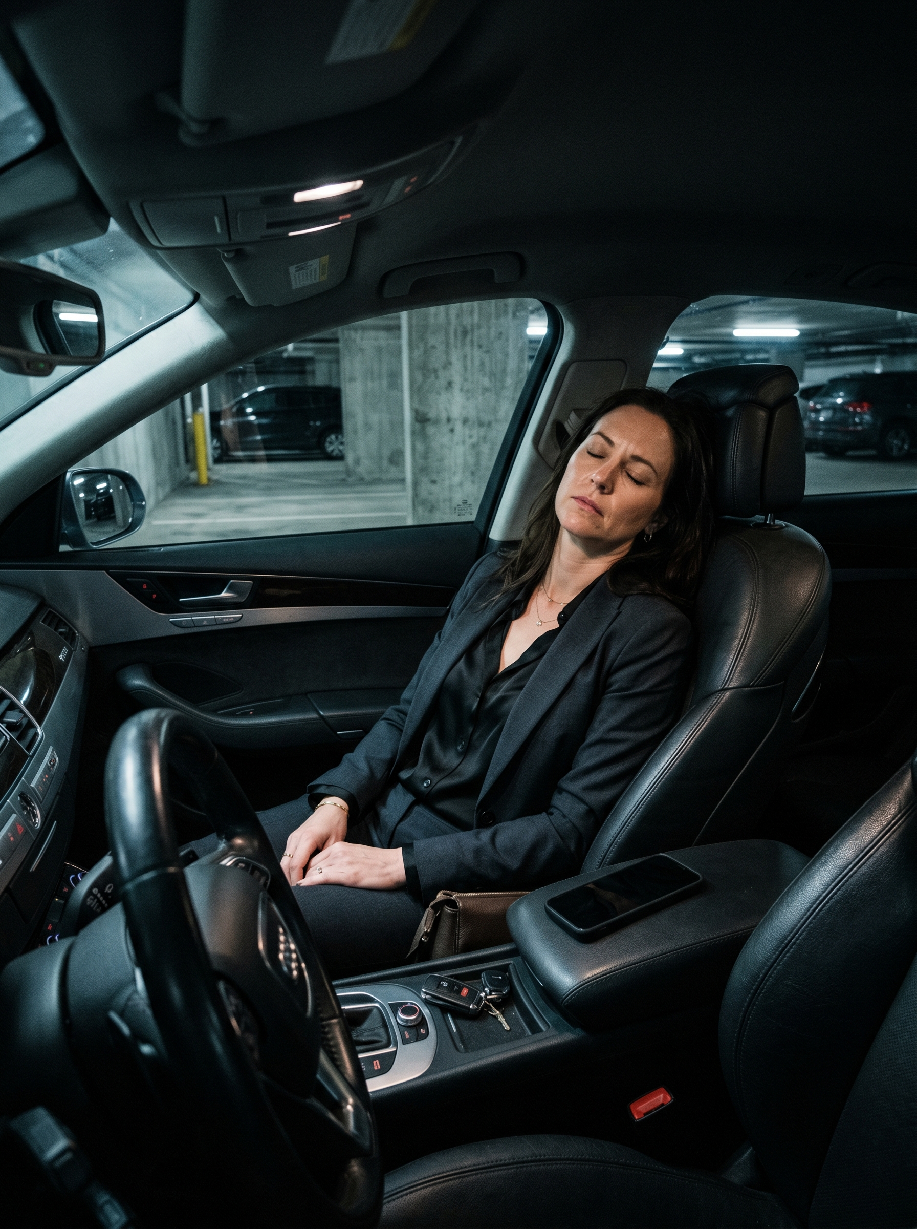 High achiever alone in their car in parking garage — not driving, just sitting, phone face down, eyes closed, the five minutes before they have to perform again, the moment nobody photographs