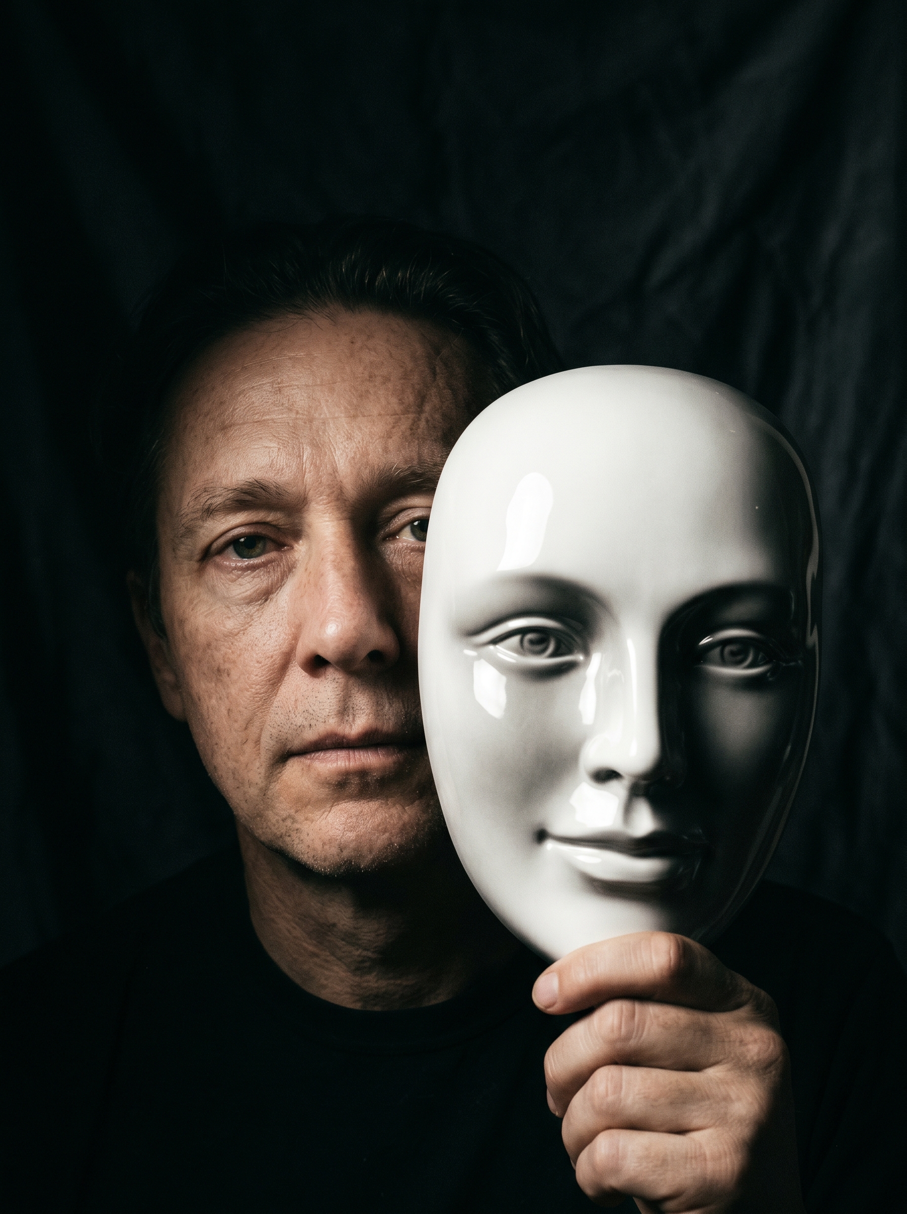 Two masks side by side — one perfect and polished representing success, one behind it representing the actual face, the gap between them is the story — dark background single light