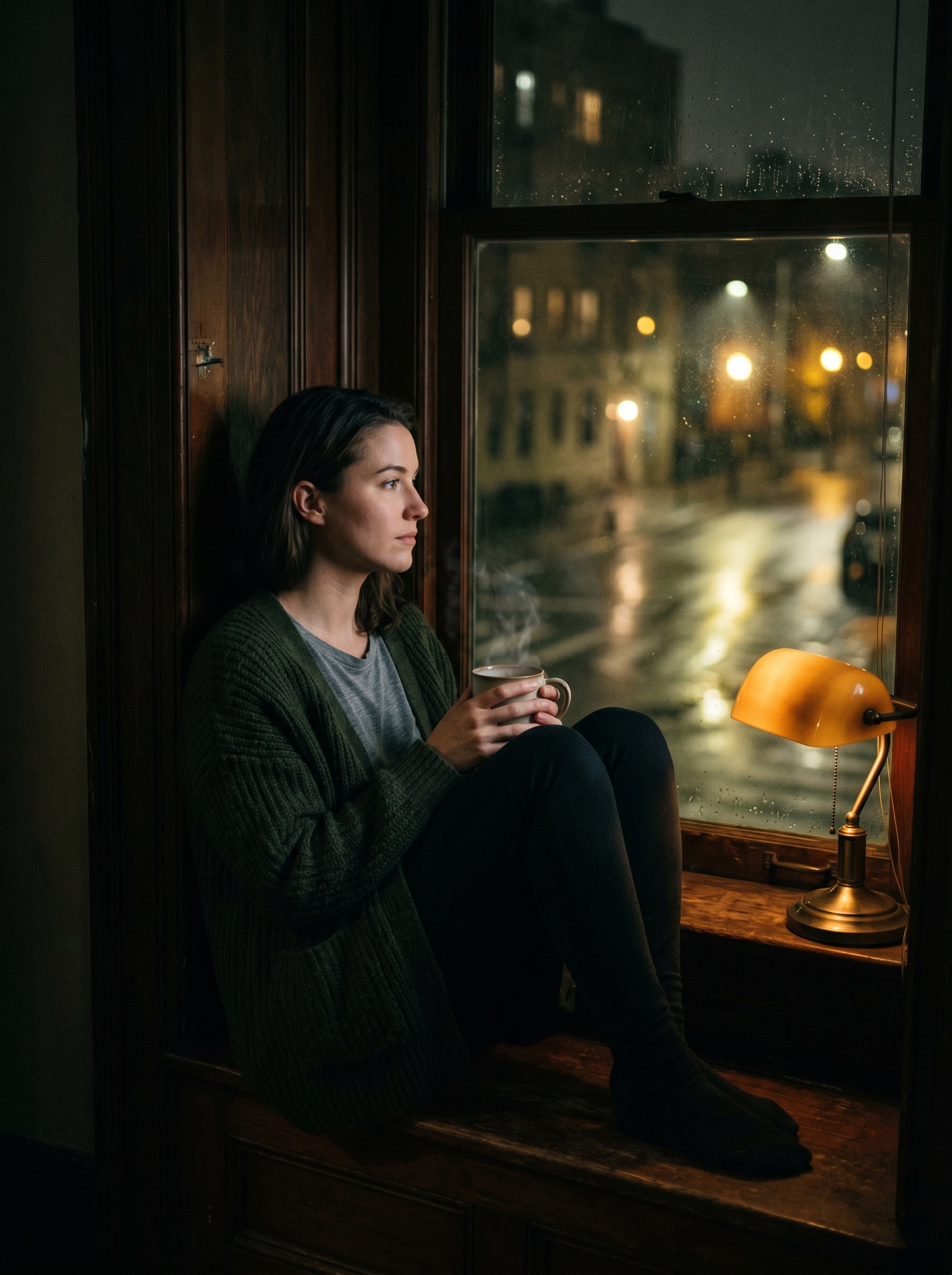Person sitting at dark window with tea — not insomnia exactly, something more deliberate, chosen wakefulness, city or garden or darkness outside, the specific mood of 3AM simultaneously loneliest and most private and most true