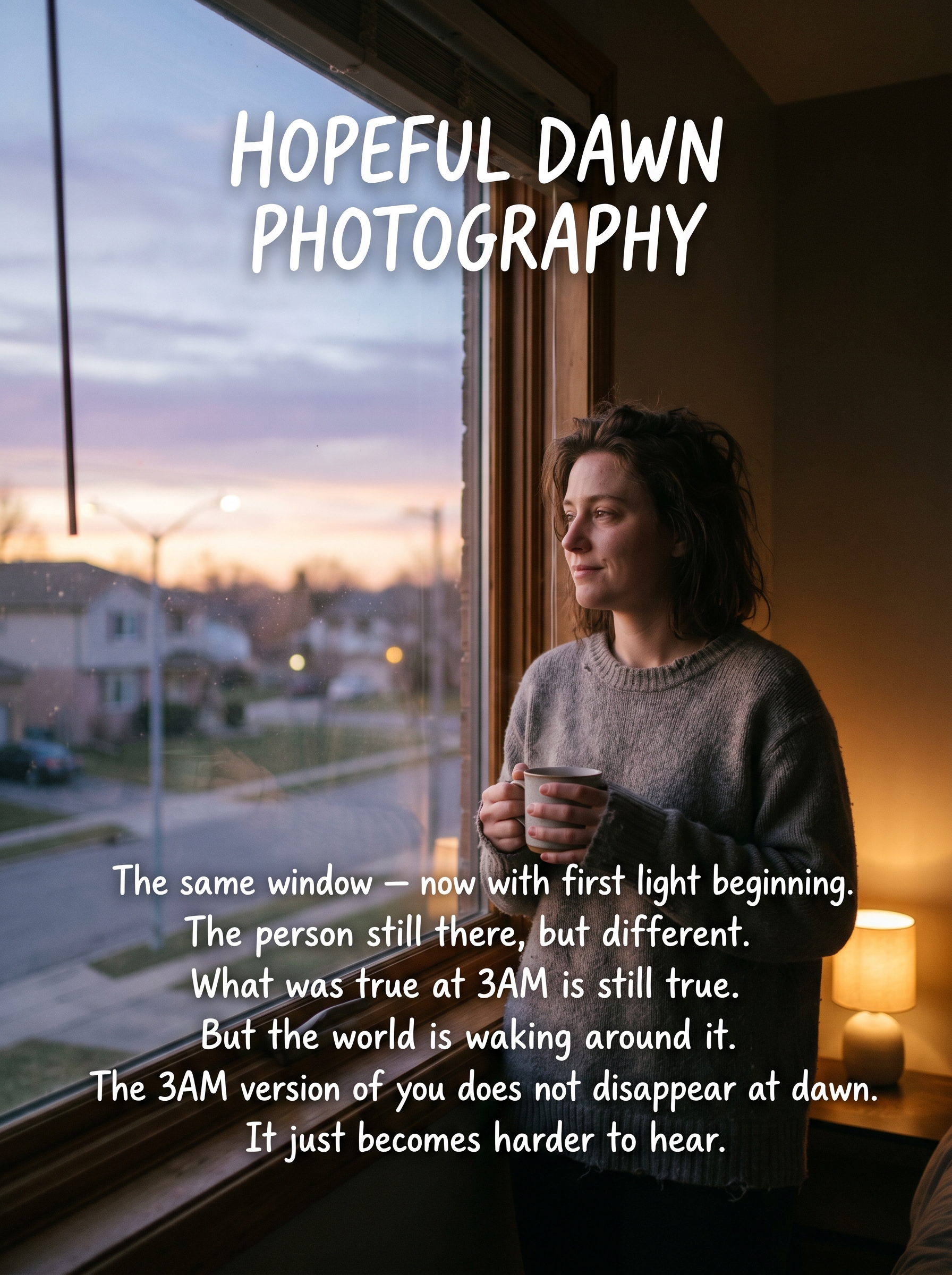 The same window now with first light beginning — person still there but different, what was true at 3AM is still true but the world is waking around it
