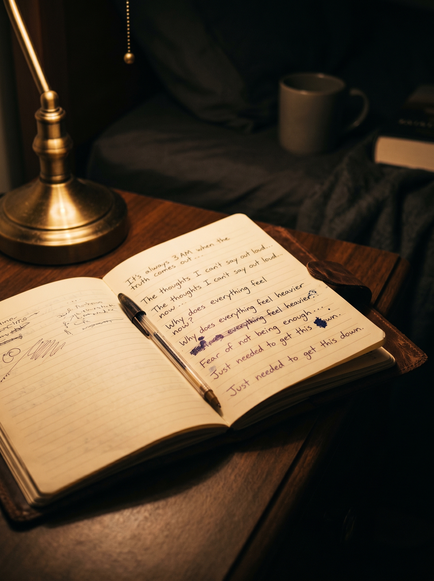 Open journal in dim light — handwriting looser than daytime, more honest, the words that only get written at 3AM when filters are down and real thoughts have the room