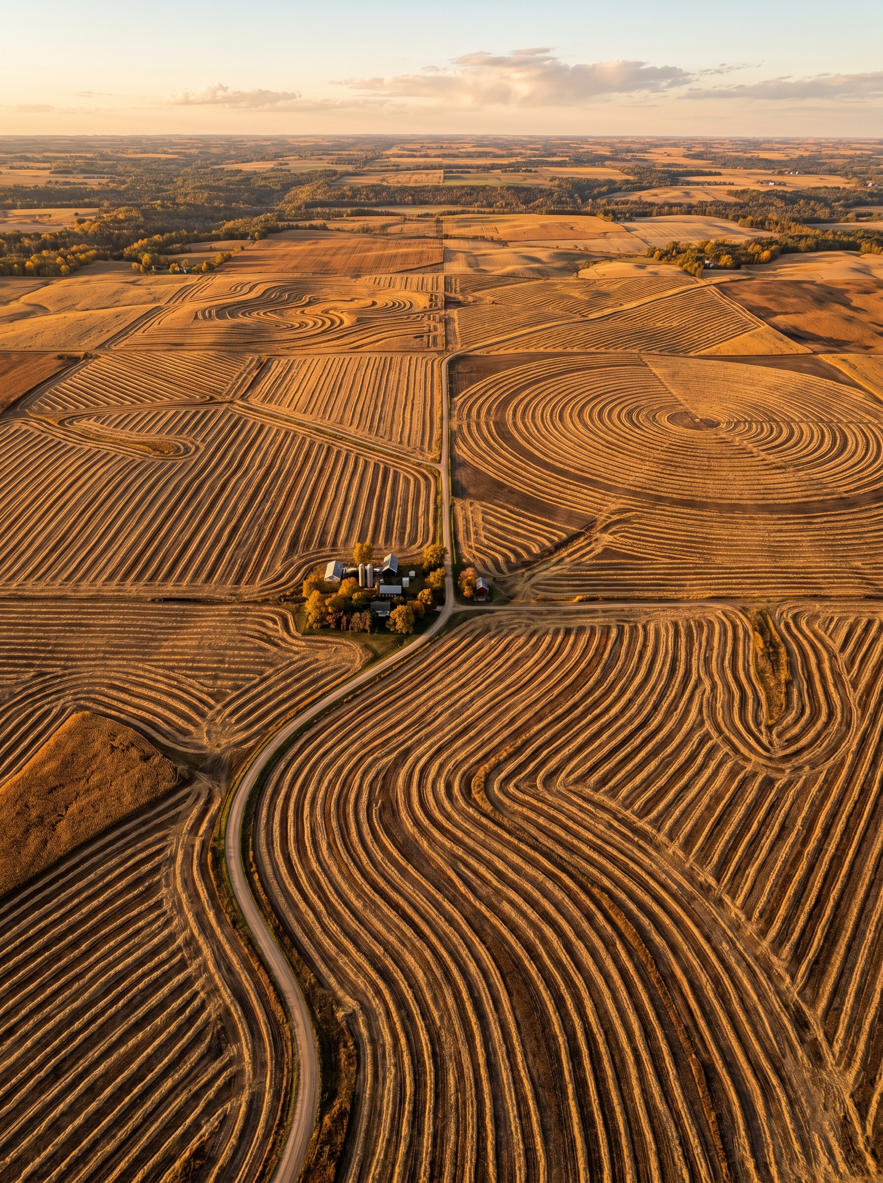 Farm fields with crop residue from above — showing pattern scale missed value, what farmers burn = what businesses should build