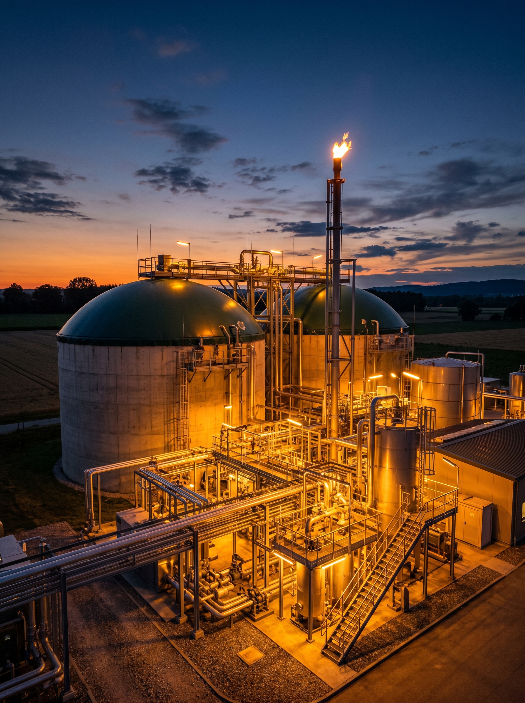 Biogas facility at dusk — tanks pipes infrastructure, light makes it look like a power plant for the future, warm amber light, industrial poetry