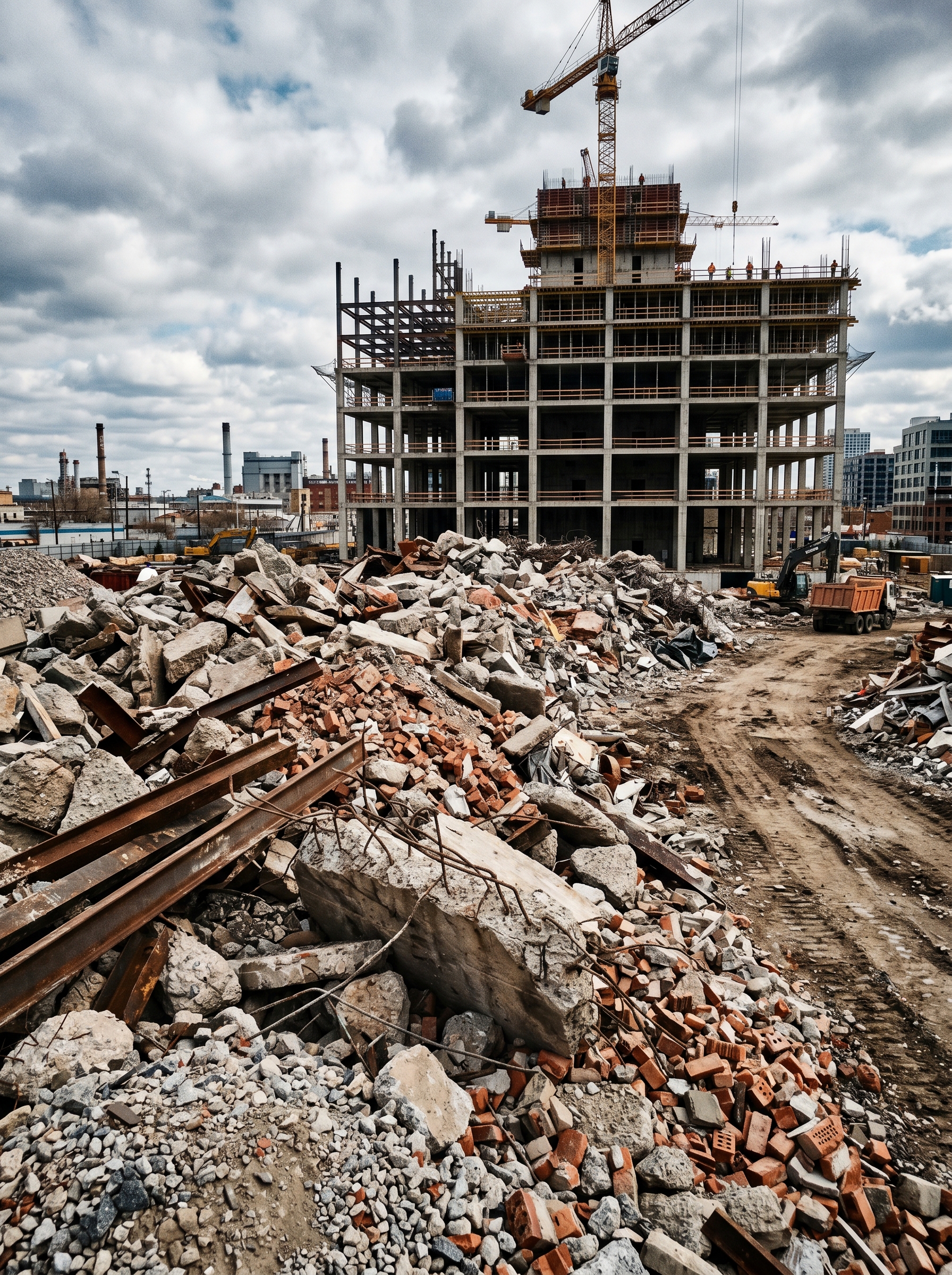 Construction demolition site — concrete rubble bricks steel framed as raw material not waste, the next building already there unprocessed