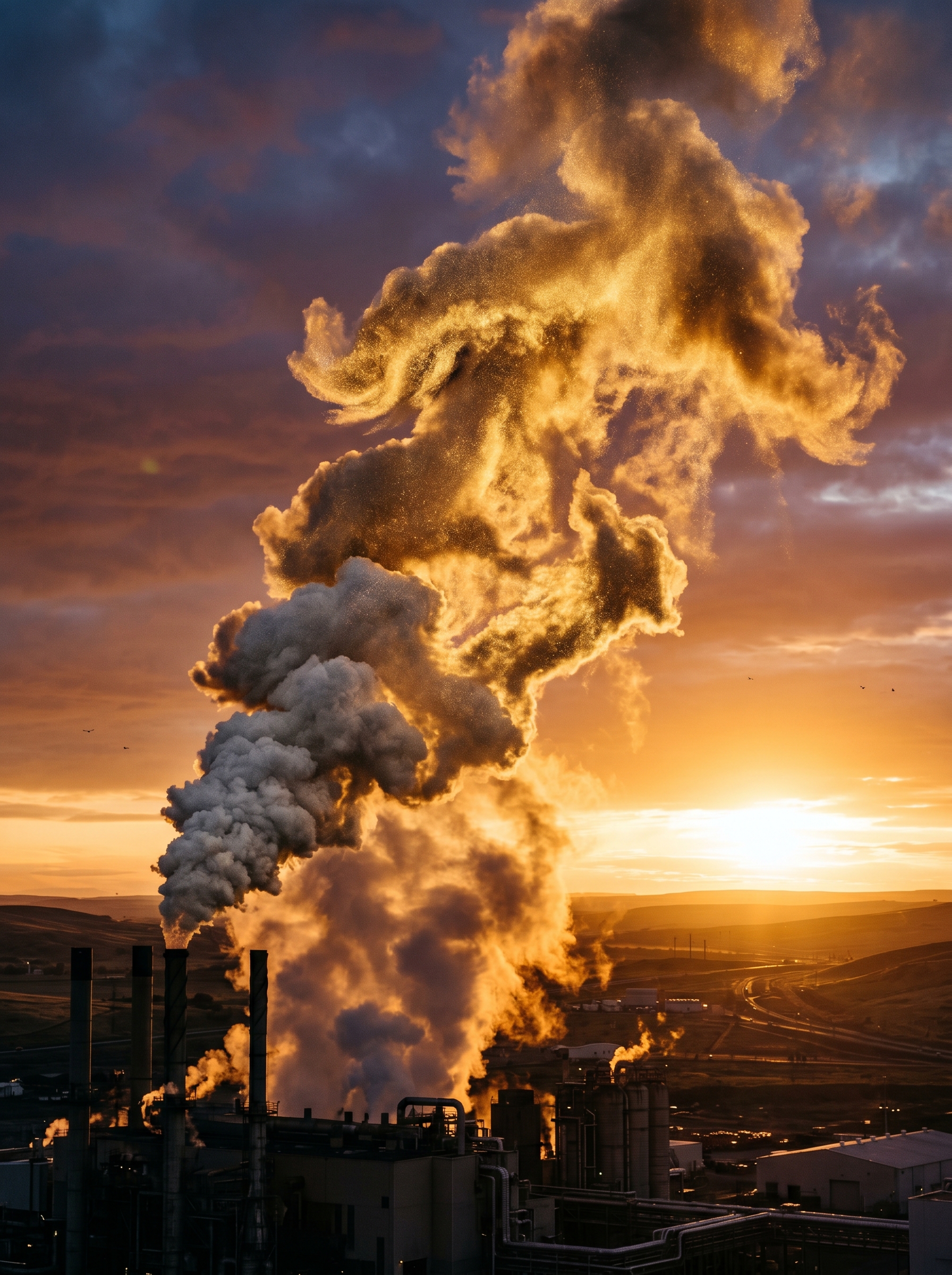 Industrial smoke photographed as material not pollution — the carbon that billionaires are now capturing and selling, grey to gold transformation