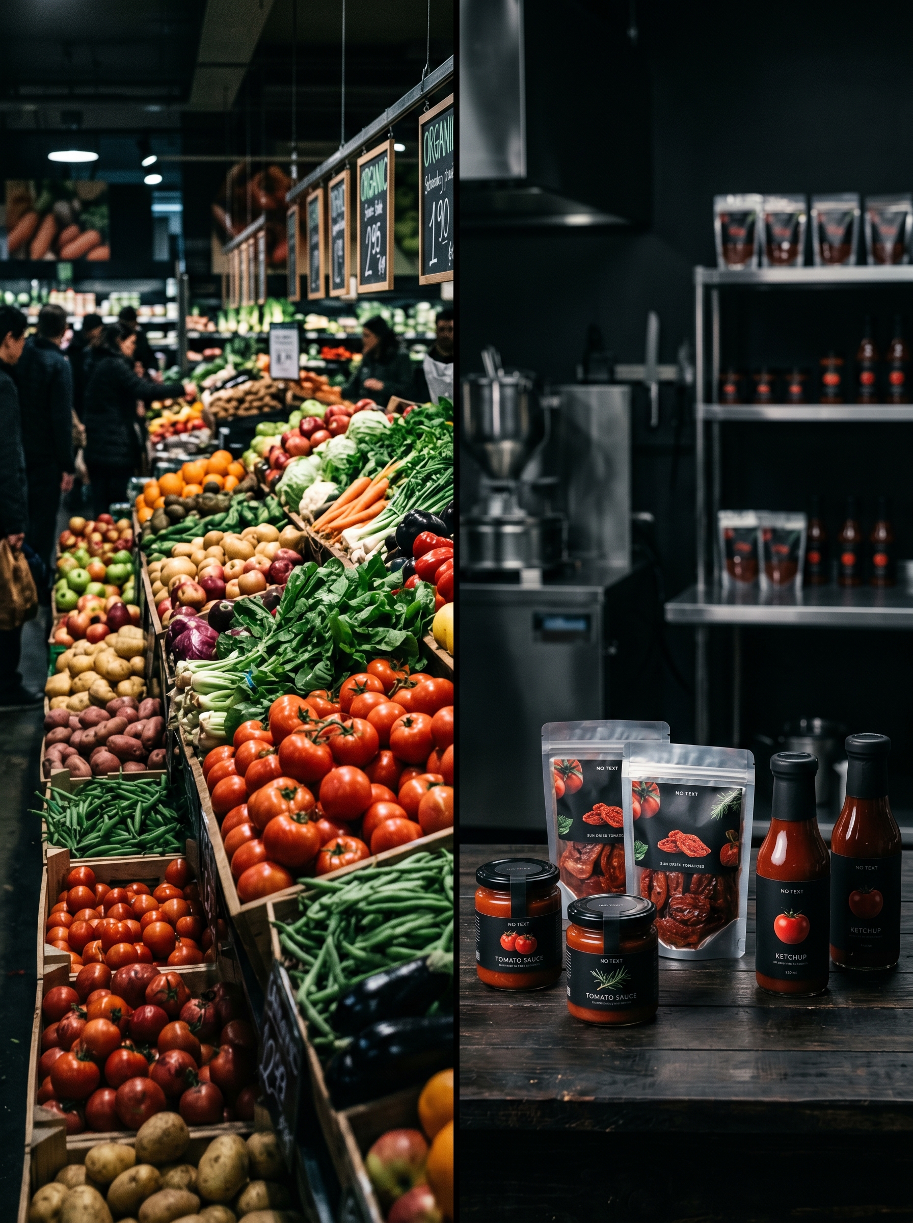 Split frame — supermarket overflowing abundance left, same food as processed product worth 10x right — the gap between waste and product is a business