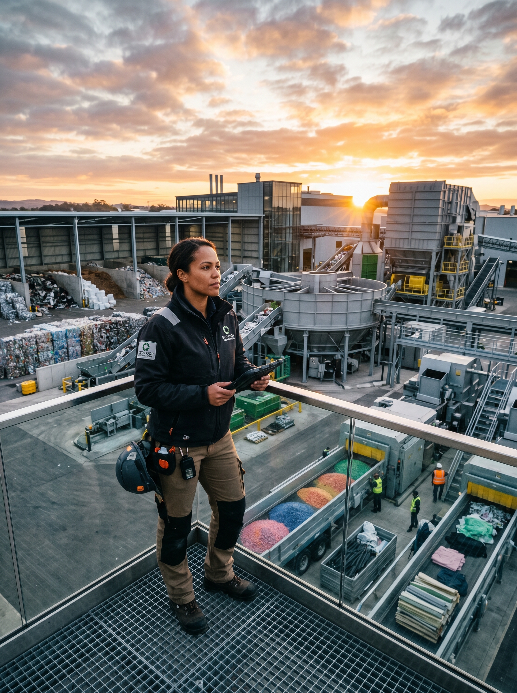 Person standing at edge of modern circular economy facility — clean designed purposeful, behind them what was garbage, before them what it becomes