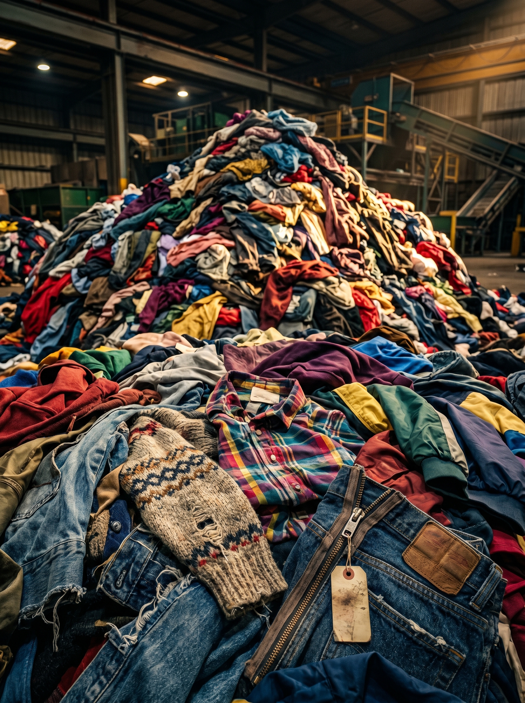 Mountain of discarded clothing lit as if each piece is valuable — $92B industry being left on the floor, dramatic color