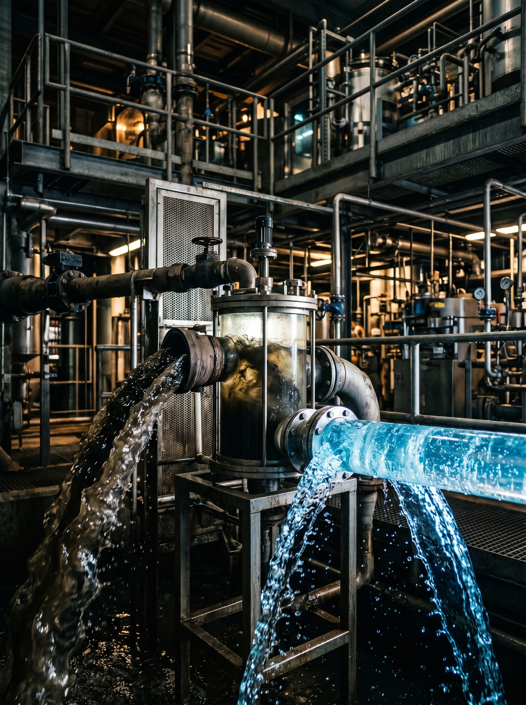 Industrial water treatment — dirty water becoming clean photographed as transformation art, dark water in clear water out, the most valuable process