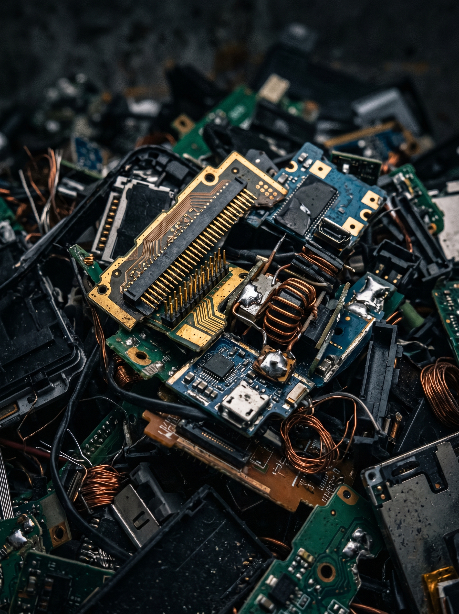 Pile of electronic waste — phones laptops boards — macro shows gold silver copper visible inside, most valuable garbage per kg on Earth