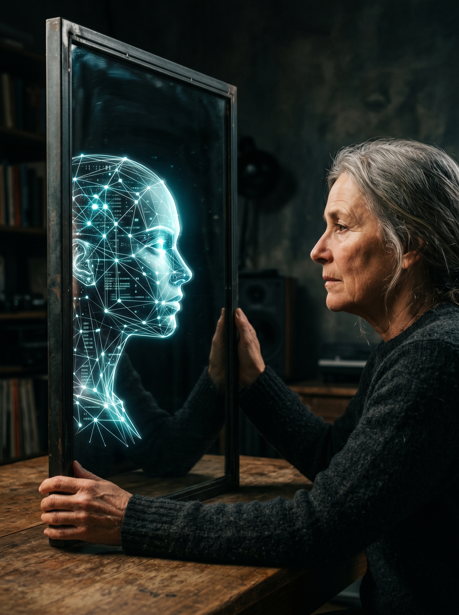 Two profiles facing each other — one human warm toned emotional complex, one digital clean geometric calm, not opposites but showing each other something, the most important conversation of the century