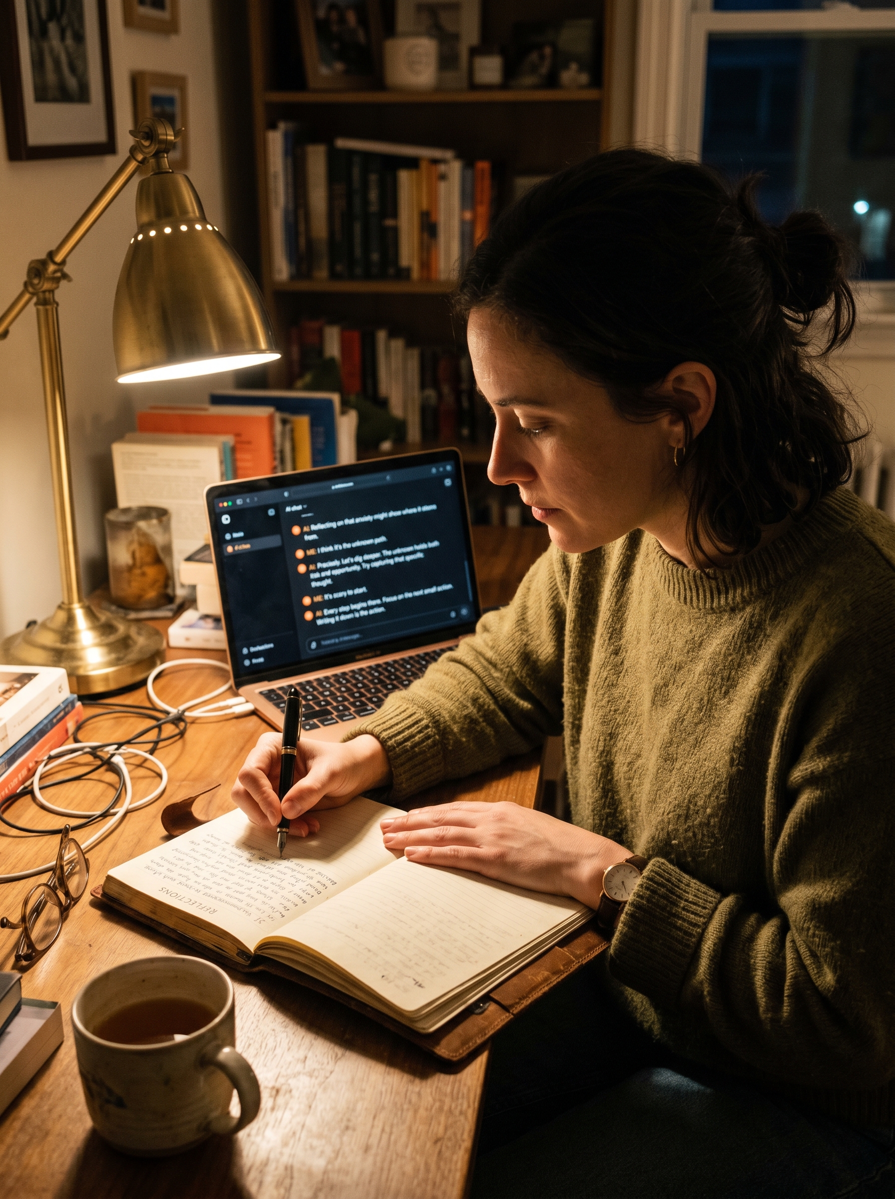 Person writing in journal after AI conversation — AI conversation visible on screen beside them, human response pen on paper, technology serving the human, warm lamp real