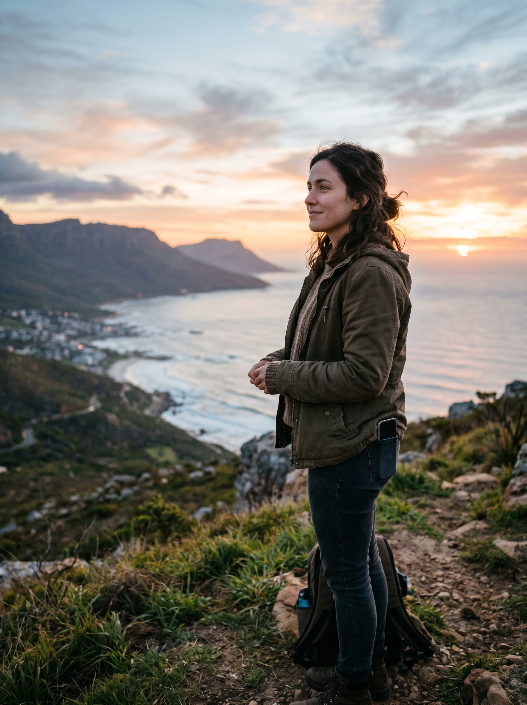 Person outside at dawn — phone in pocket looking at horizon, expression of someone who understands something about themselves they did not before, AI conversation ended human insight remains