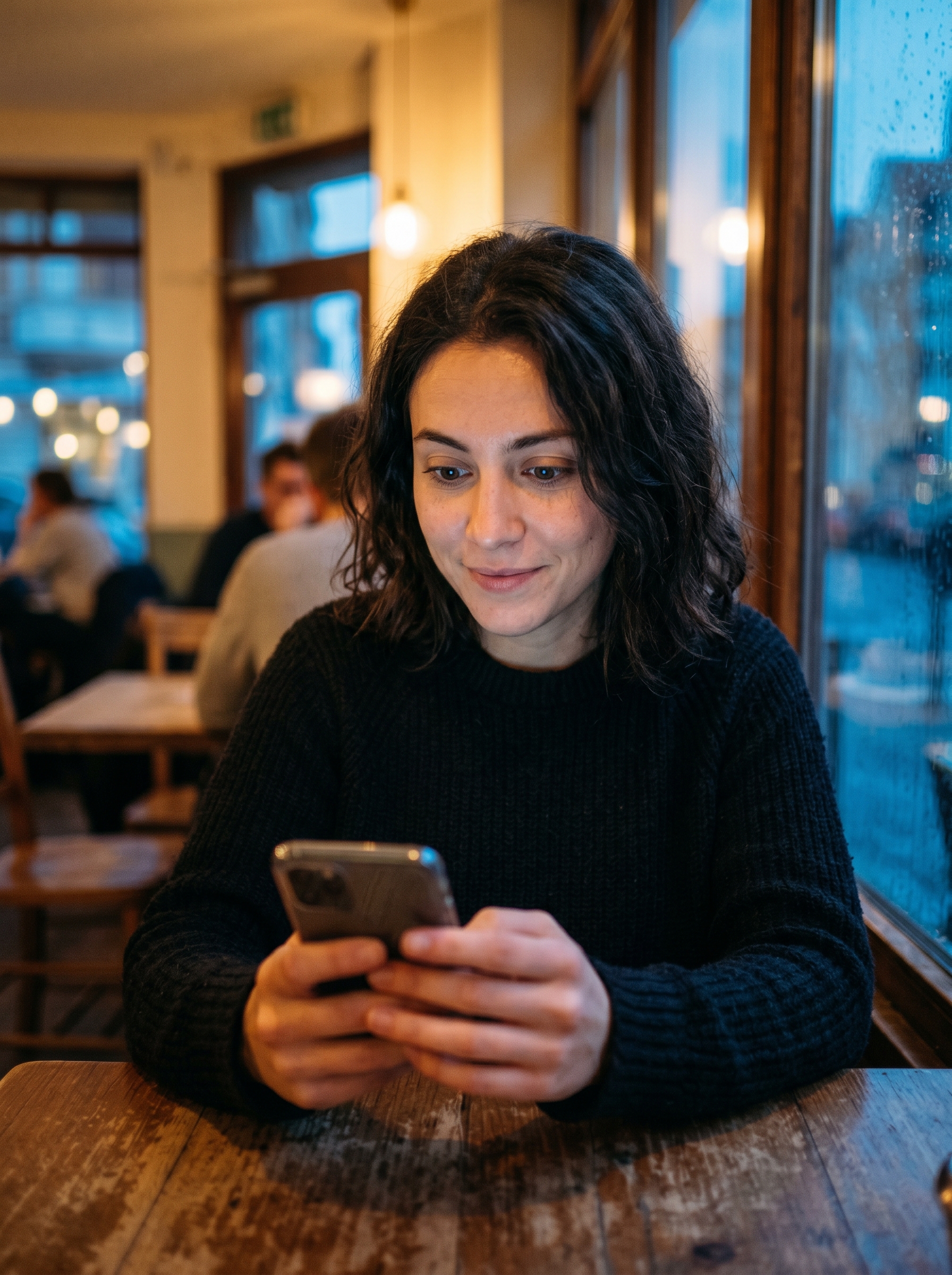 Person looking at phone screen — expression showing they just understood something, not about the technology but about themselves, the specific look of unexpected insight, real grain warm and cold light