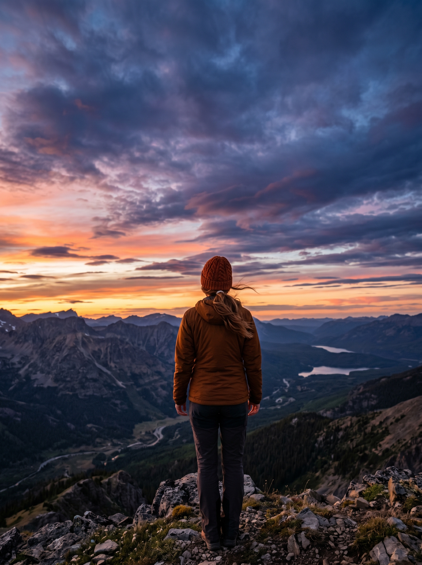 Person from behind looking at vast open sky at moment between day and night — not dawn not dusk exact in-between sky cannot decide what it is, the in-between as the point, warm vast real alive