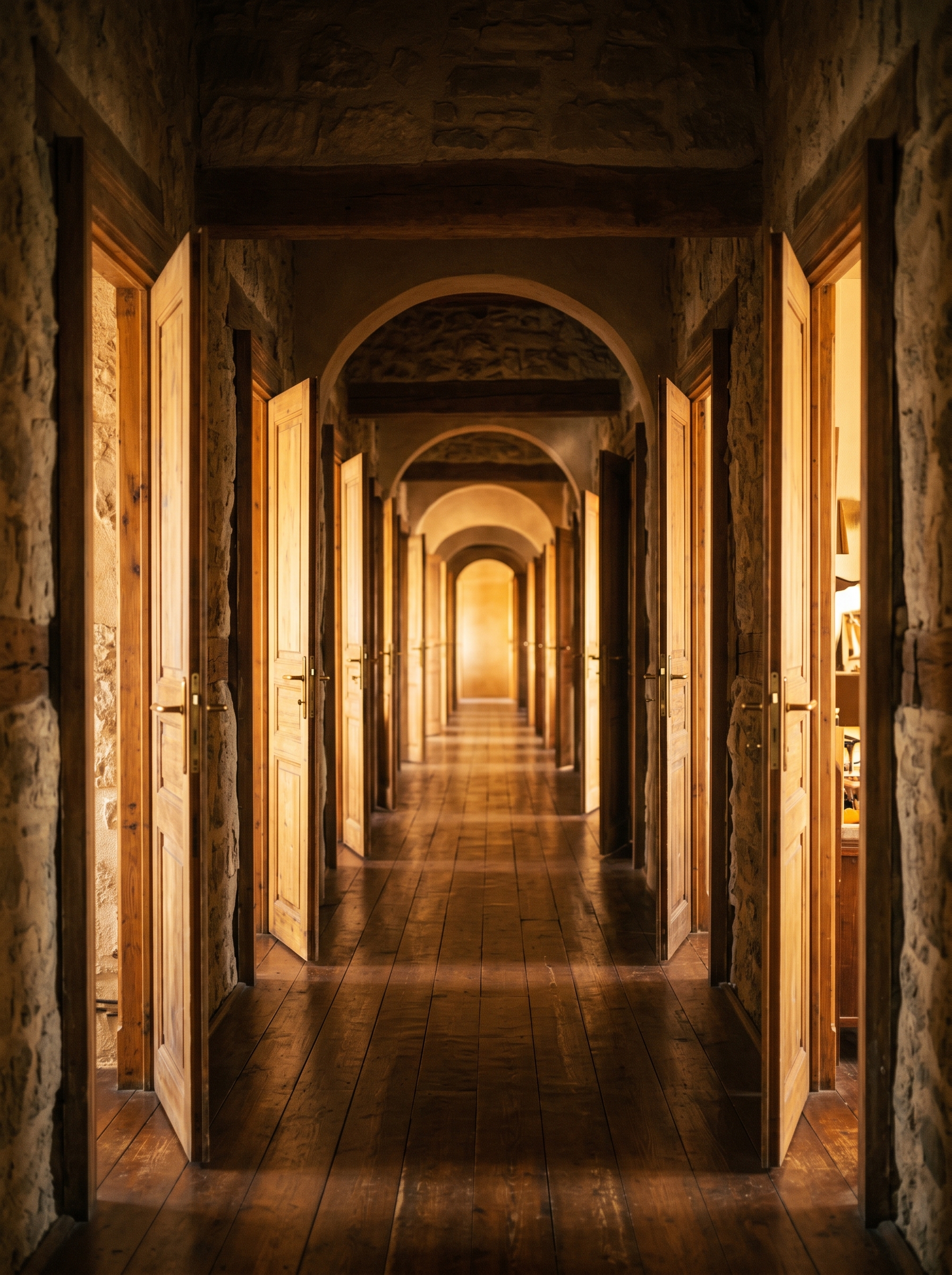 Corridor of light with doors each slightly open warm light inside the sense each room contains something important something remembered — the architecture of a life review made visible