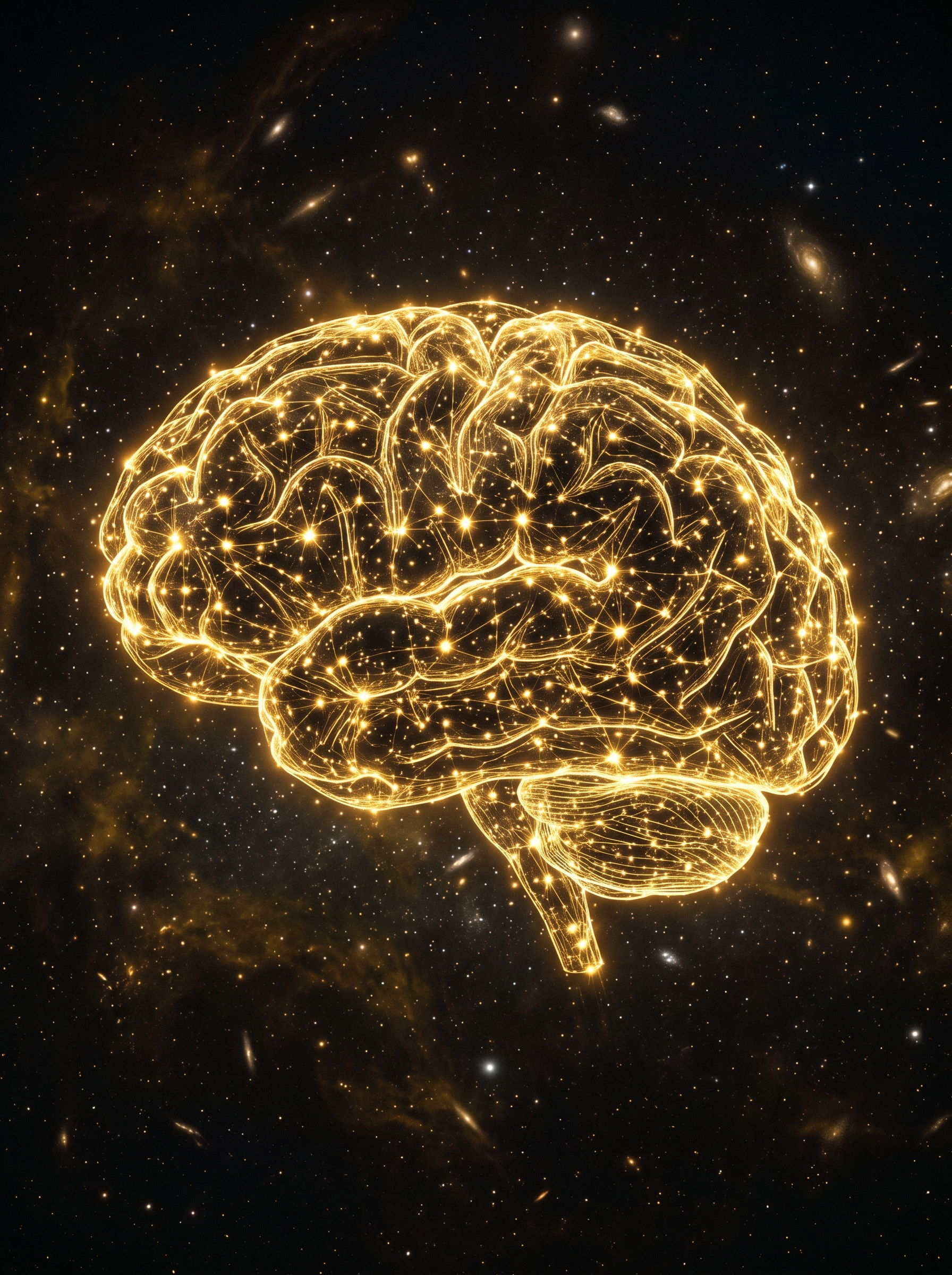Human brain rendered as luminous constellation — not clinical cosmic, every connection lit, entire network active simultaneously, brain at full capacity meeting itself, dark gold infinite