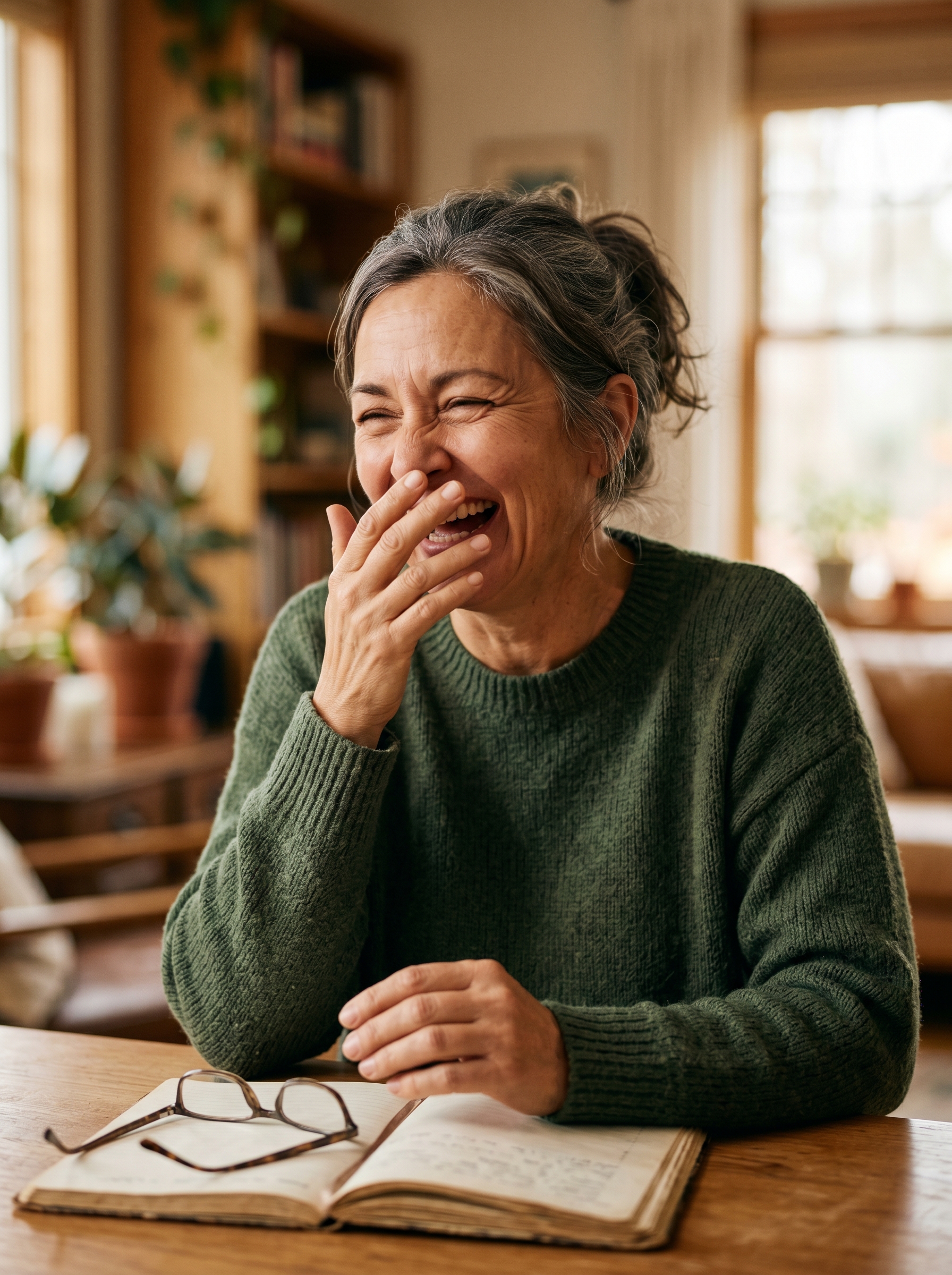 Person laughing genuinely at themselves — not performing joy actually finding themselves genuinely funny, the specific laughter of self-recognition that is also the warmest thing a human being can do