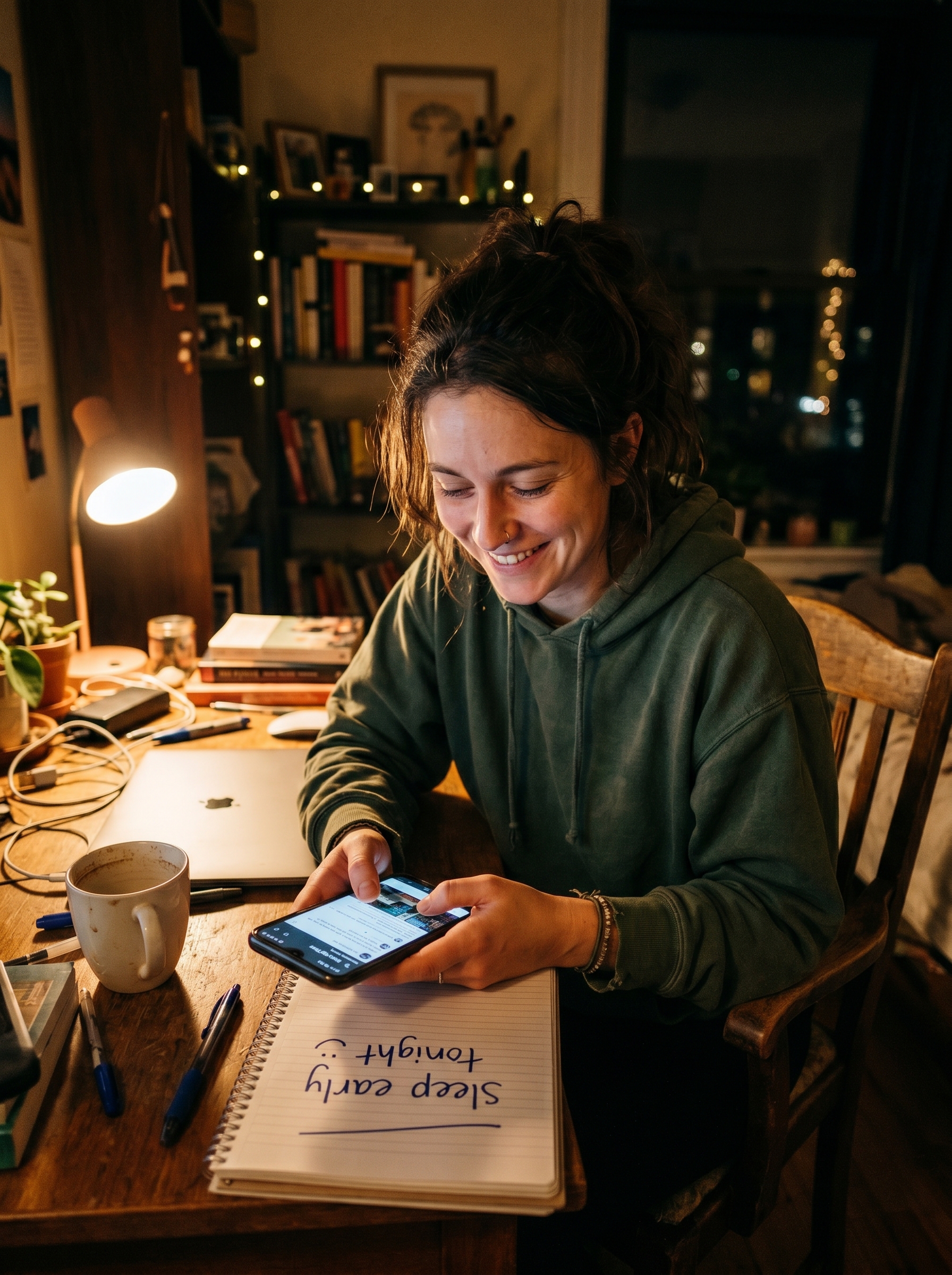 Person looking at phone at midnight with note on desk in their own handwriting saying sleep early tonight — completely aware of the irony, warm real funny human