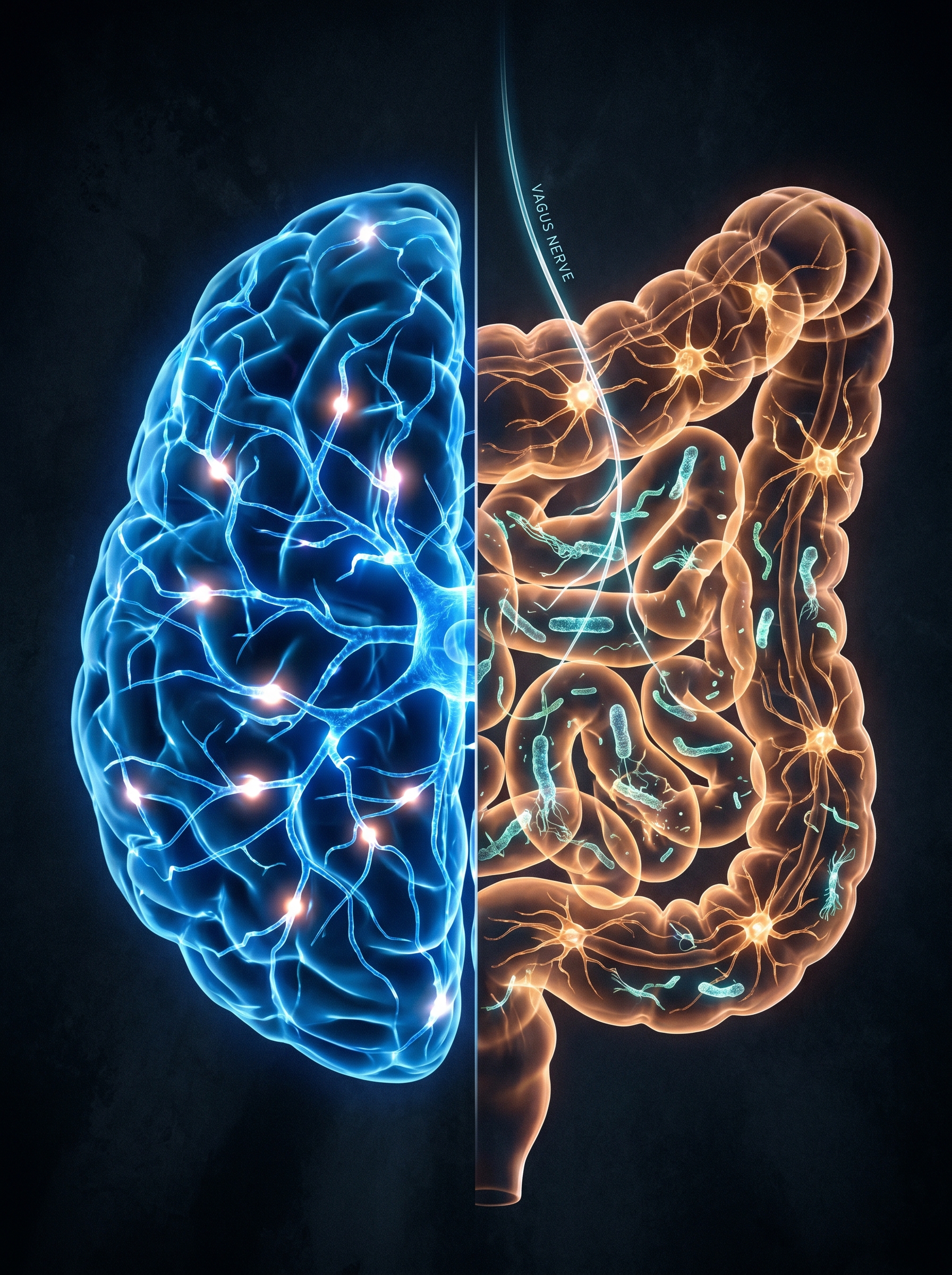 Brain and gut connected by the vagus nerve — illustrated in bioluminescent tones