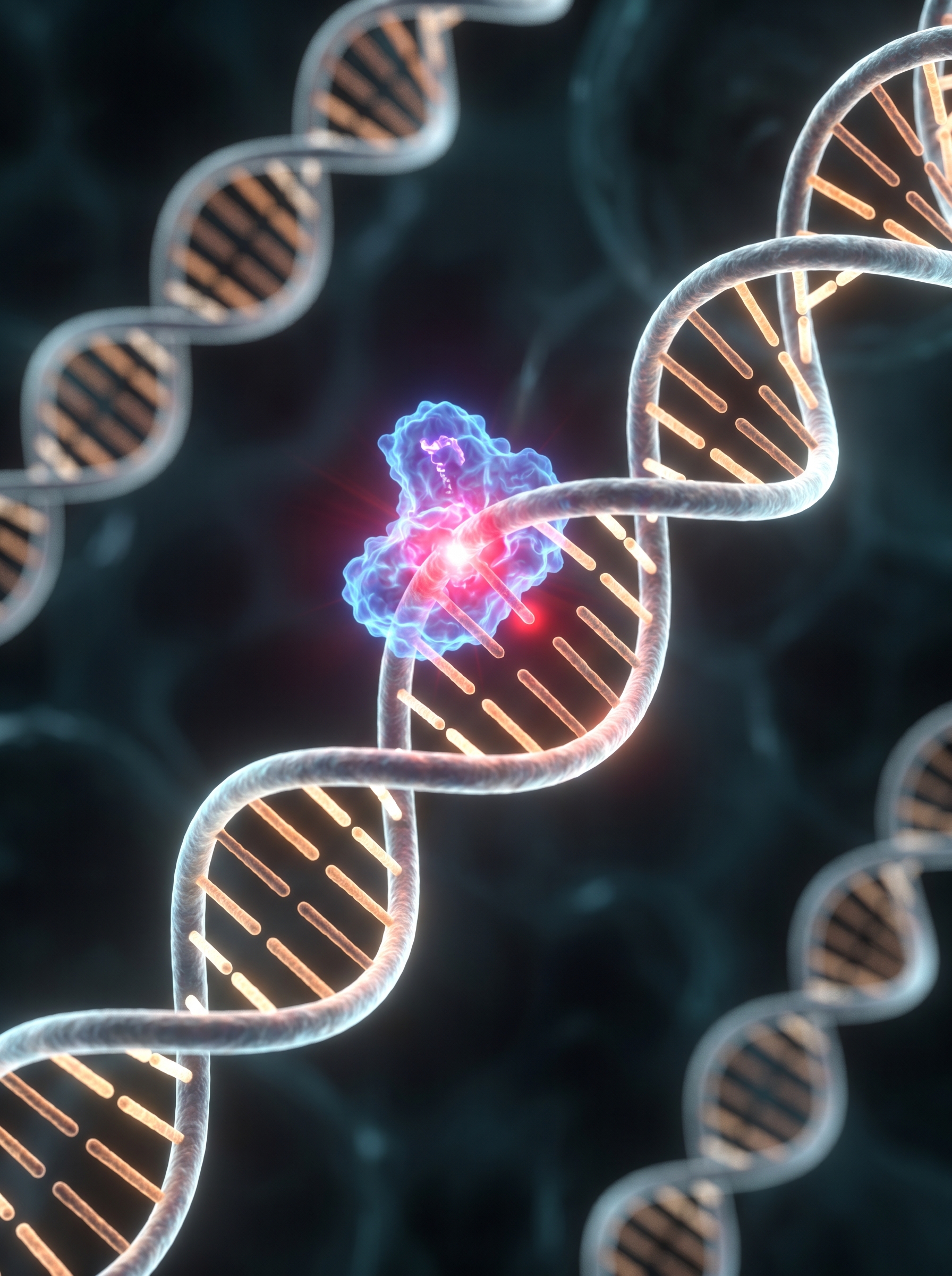 A glowing DNA double helix being precisely cut and edited by molecular tools