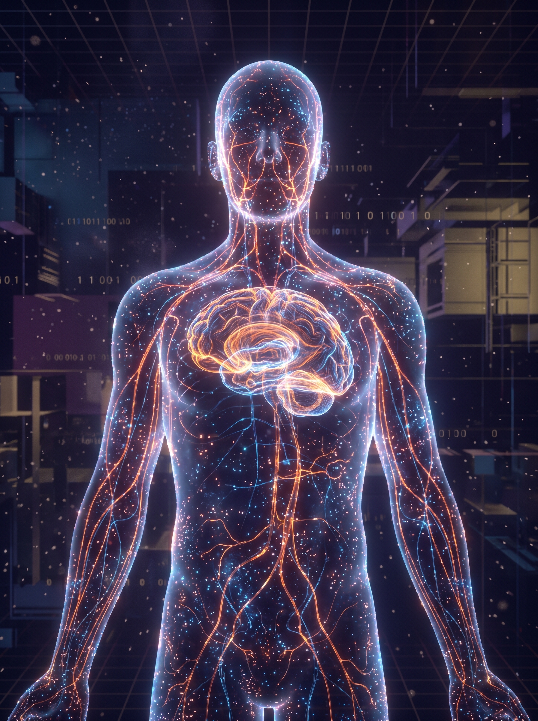 Abstract digital human figure made of neural lines and data