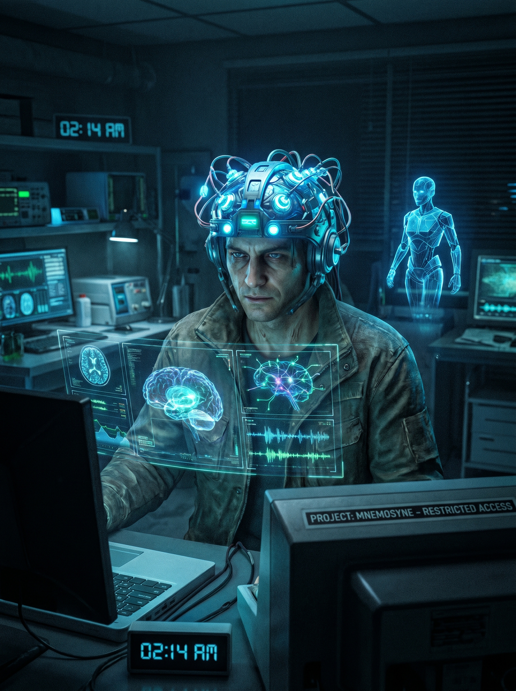 Human wearing neural interface headset with holographic data
