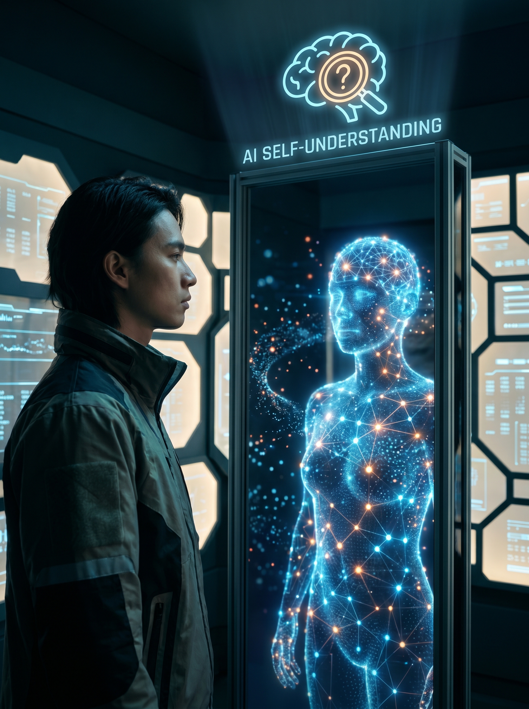 Person looking into digital mirror showing AI version of themselves